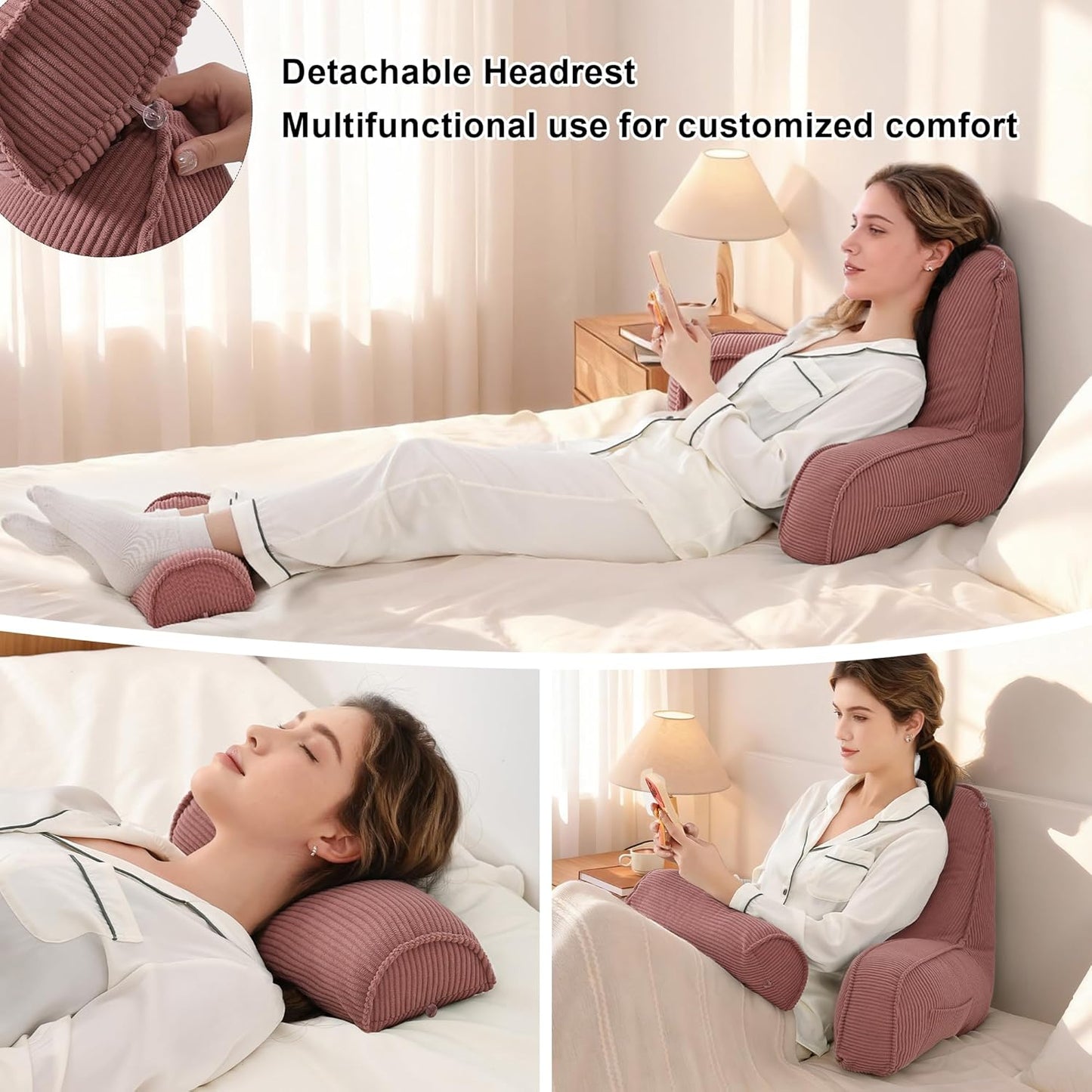 Corduroy Reading Pillow with Arms & Detachable Neck Roll, Bed Rest Back Support, Adult Cushion for Sitting Sofa & Floor, Side Pockets & Washable Cover, Brick Brown