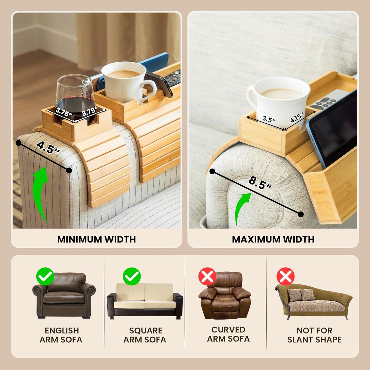 Bamboo Couch Arm Set – 1 Large with Side Pocket + 1 Small – Sofa Cup Holder for Remote & Phone – Non-Slip Fit for Armrests 4.5"–8.5" Wide