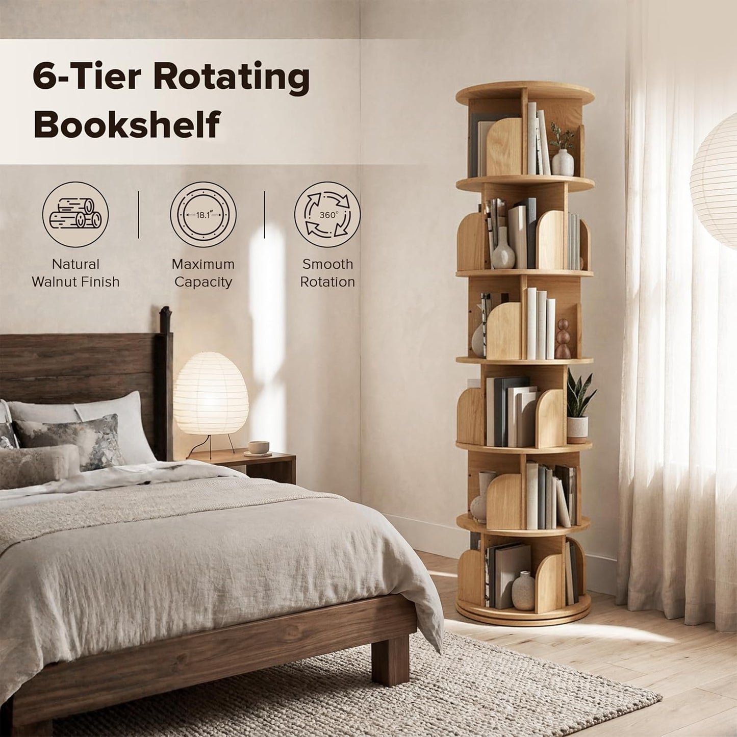 6-Tier Rotating Bookshelf with 18″ Wide Shelves, Solid Wood Bookcase for Living Room, Bedroom & Kids Room, Space-Saving Corner Bookshelf with Lazy Susan Turntable - [Pine]