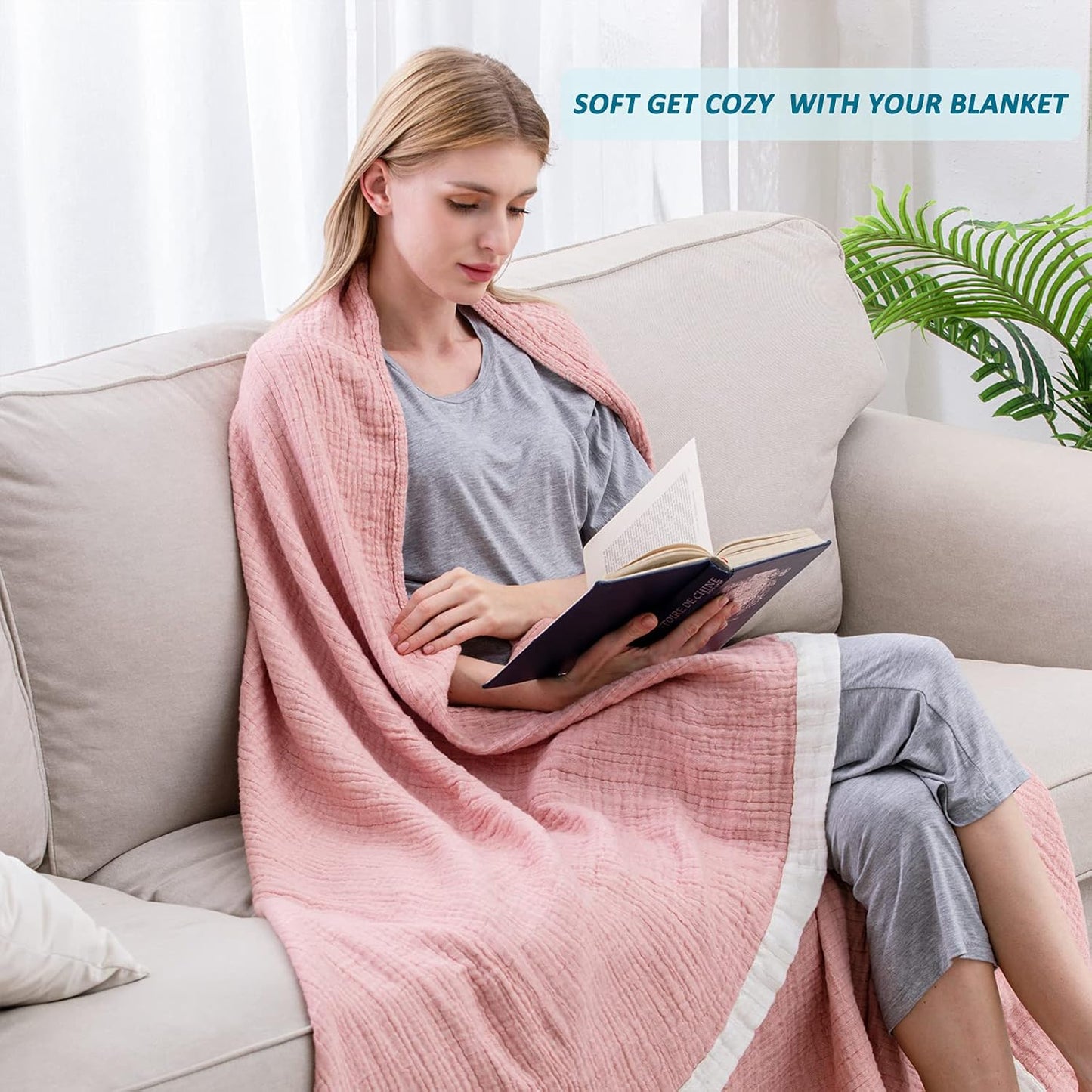 SE SOFTEXLY Cotton Throw Blankets, 4-Layer Muslin Blanket for Couch/Bed,Light Comfortable Breathable Gauze Blanket All Season,Muslin Blanket for Adults King Size Blanket(90"x102",Coral Pink)