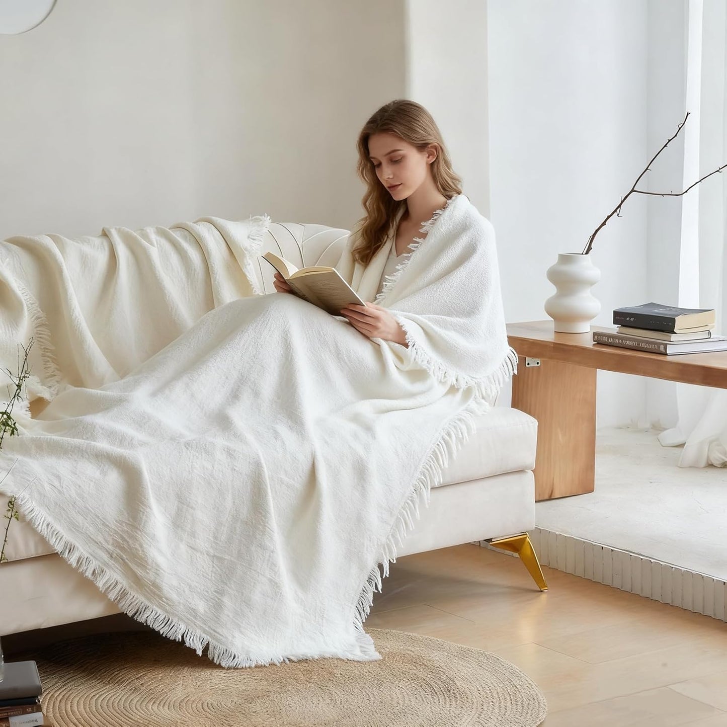 Simple&Opulence 100% Linen Throw Blanket 55x75 inches, Farmhouse Boho Tassel Blanket for Couch, Bed, Sofa, Breathable Natural Cozy Décor, White