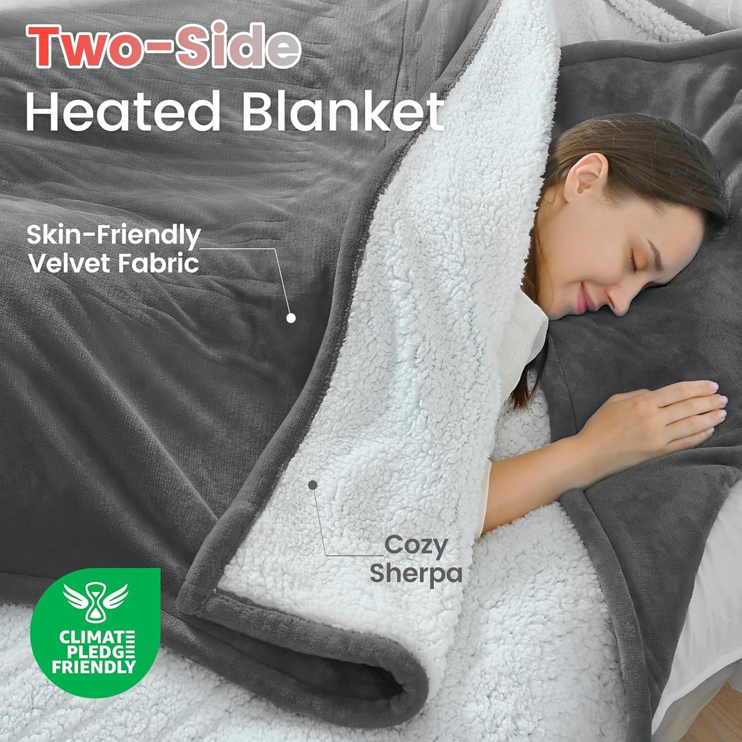Sunable Heated Electric Blanket - Machine Washable Blanket with Time Settings Heat Settings Twin Size 62×84 inches, ETL Certified, Grey - Velvet & Sherpa