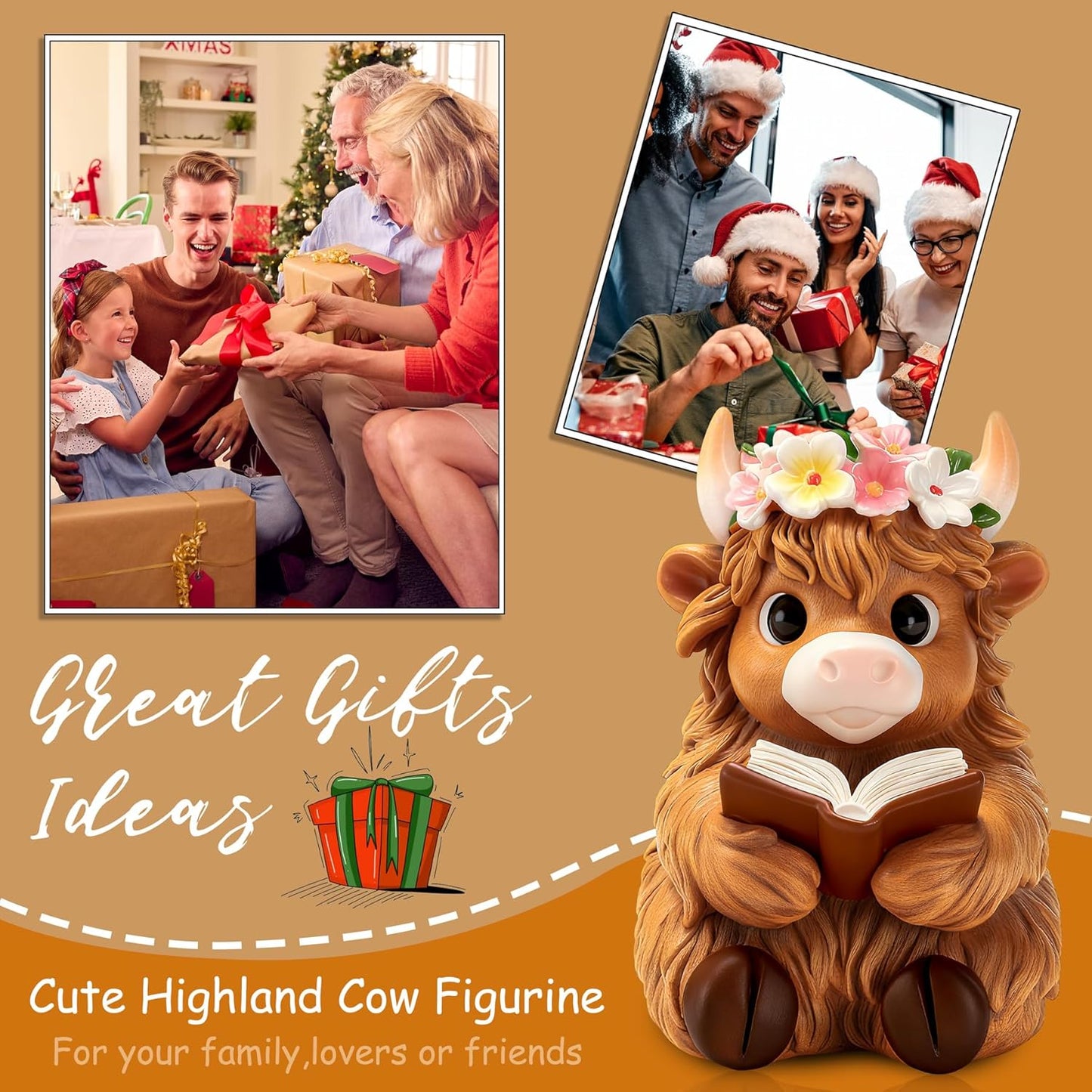 Highland Cow Figurine for Book Shelf Decor, Highland Cows Themed Gifts for Women, Resin Figures Home Desk Decorations Accents (Read)