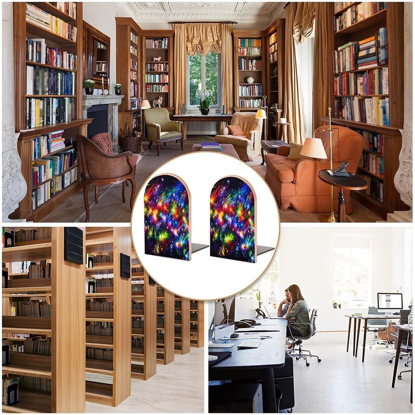 Bright Beautiful Colorful Art Bookends 1 Pair Heavy Duty Book Ends for Shelves Non-Skid Bookend Supports Wooden Book Holders with Metal Base Desk Organizers Books Storage to Hold Books