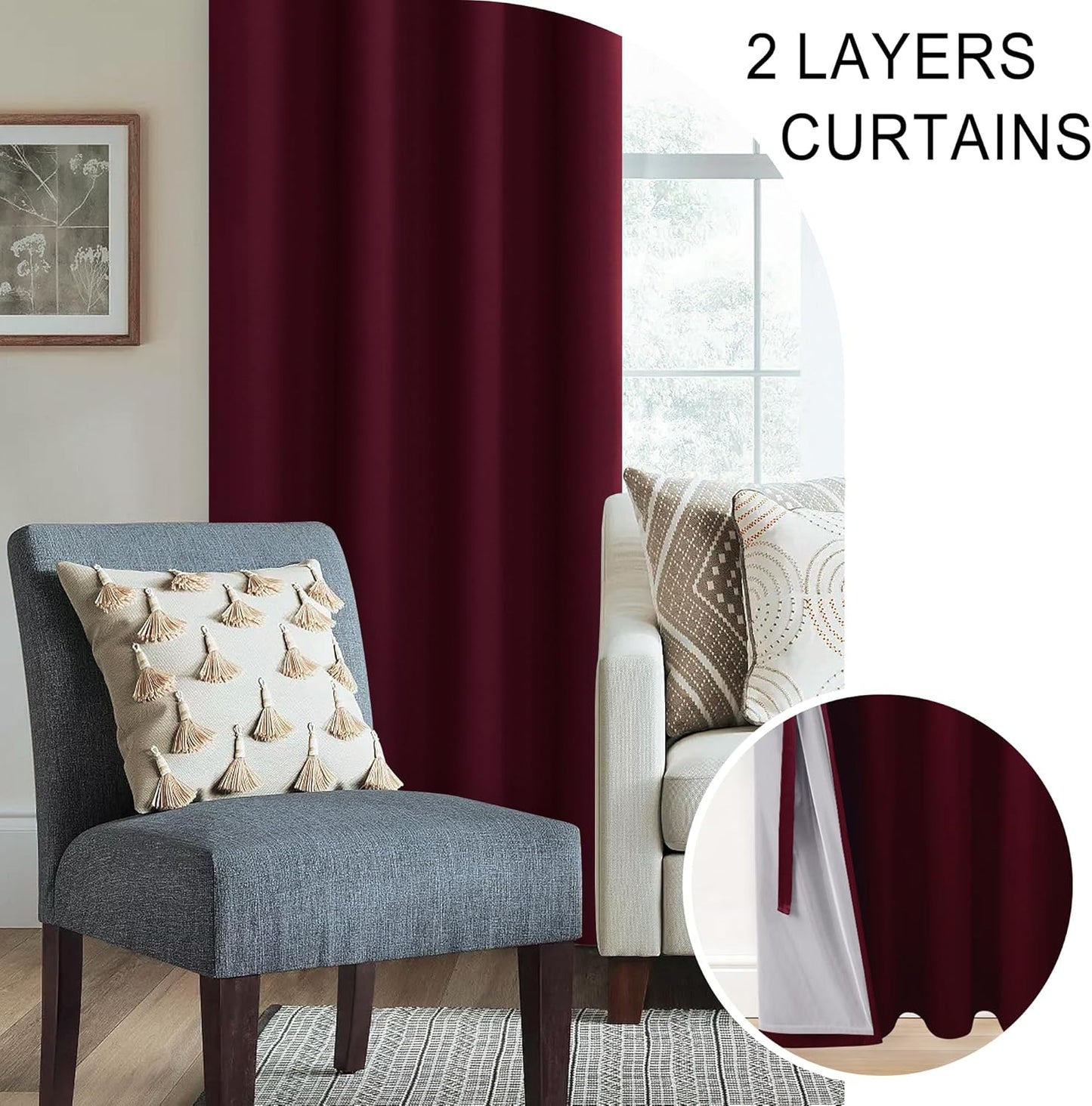 XWZO 100% Blackout Curtain Panels - Thermal Insulated Black Liner Curtains, Noise Reducing and Heat Blocking Drapes for Hall and Studio Windows with Tiebacks, Burgundy, W38 x L72, Set of 2