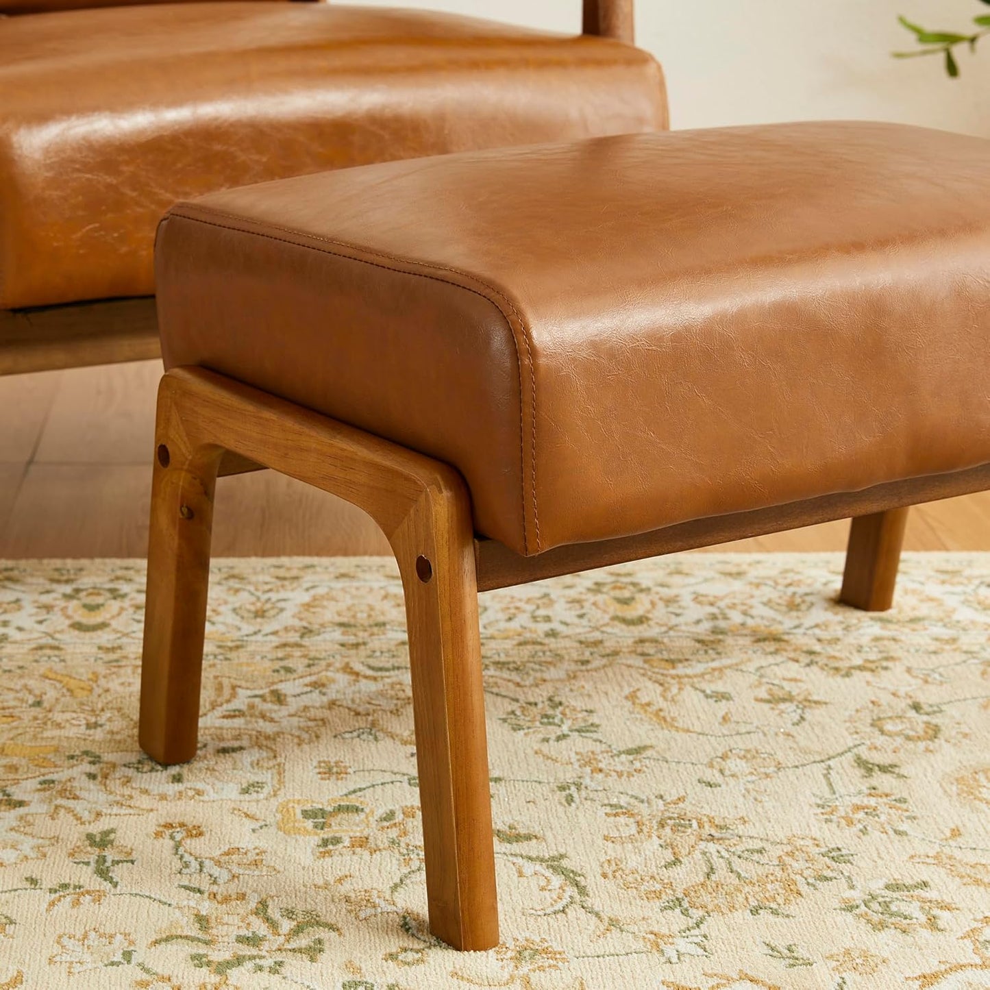 Glitzhome 15.5"(H) Footrest Stool, Leatherette Ottoman, Accent Padded Sofa Foot Stool for Accent Chair, Wood Frame Foot Rest Ottoman for Living Room, Bedroom, Yellowish-Brown