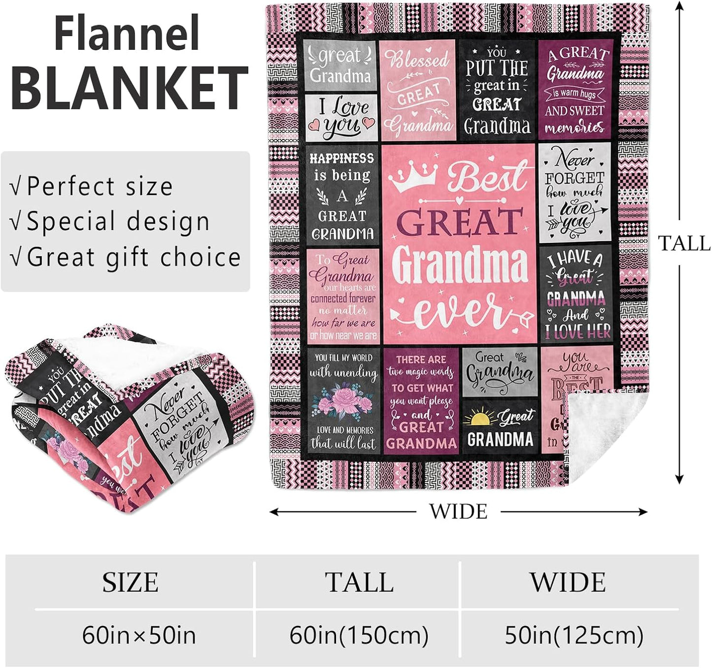 Great Grandma Gifts Blanket 60"x50", Christmas/Birthday Gifts for Great Grandma from Grandkids, Best Great Grandmother Gift Ideas Throw Blanket