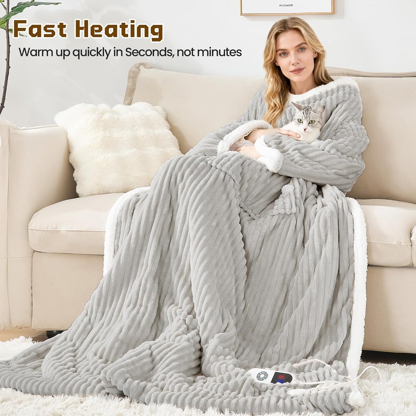 Heated Wearable Electric Blanket with Sleeves & Foot Pocket, Stripe Fleece Sherpa, 6 Heat Levels 12H Timer Setting, Over-Heat Protection, Machine Washable, 52x72 Inches Light Gray for Office/Home/Gift