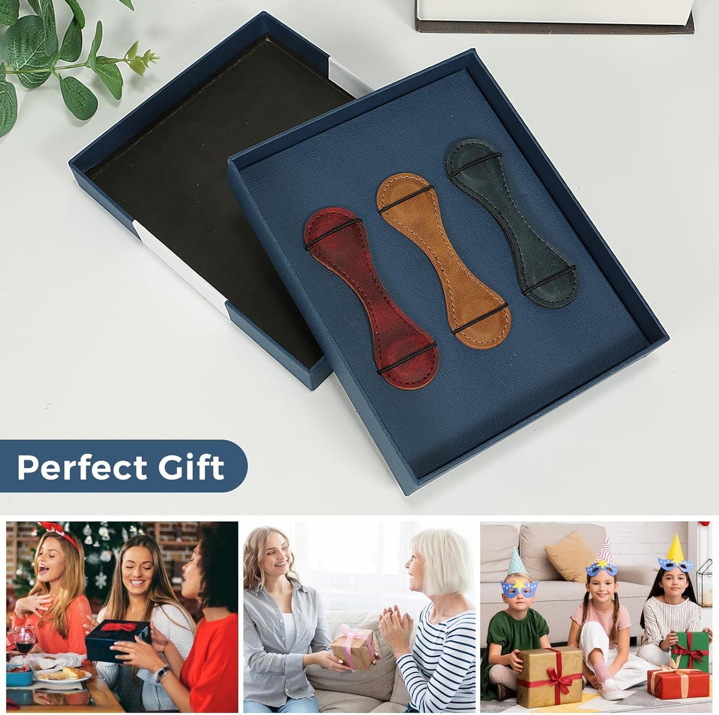 3PCS Magnetic Leather Bookmarks with Gift Box, Vintage Handmade Page Clips for Women and Men, Double-Sided Page Markers for Readers, Teachers, Students and Book Lovers