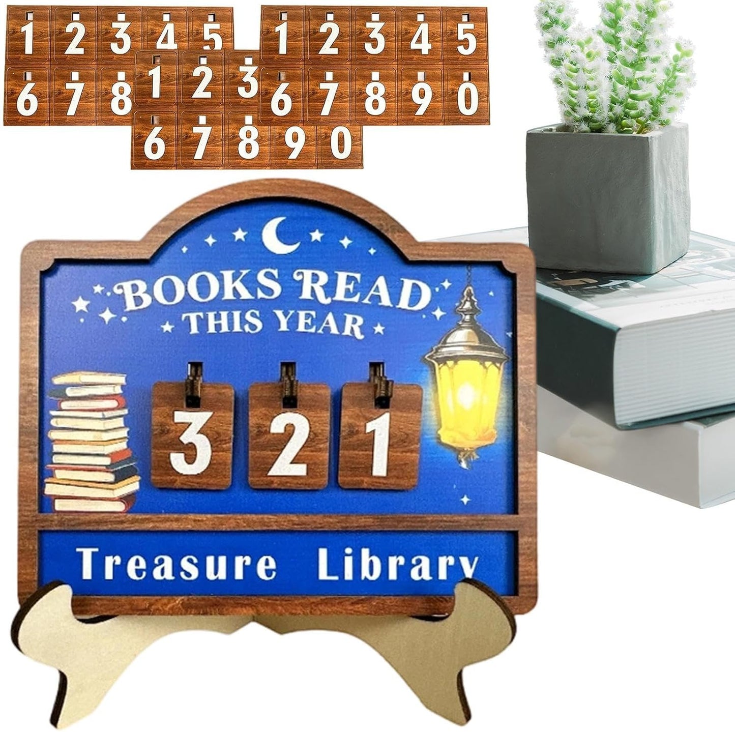 Books Read Counter, Wooden Reading Challenge Sign, 20x15cm Changeable Number Plates for Students, Pine Wood with Lantern and Book Pattern, Educational Decor Accessory with Adjustable Display