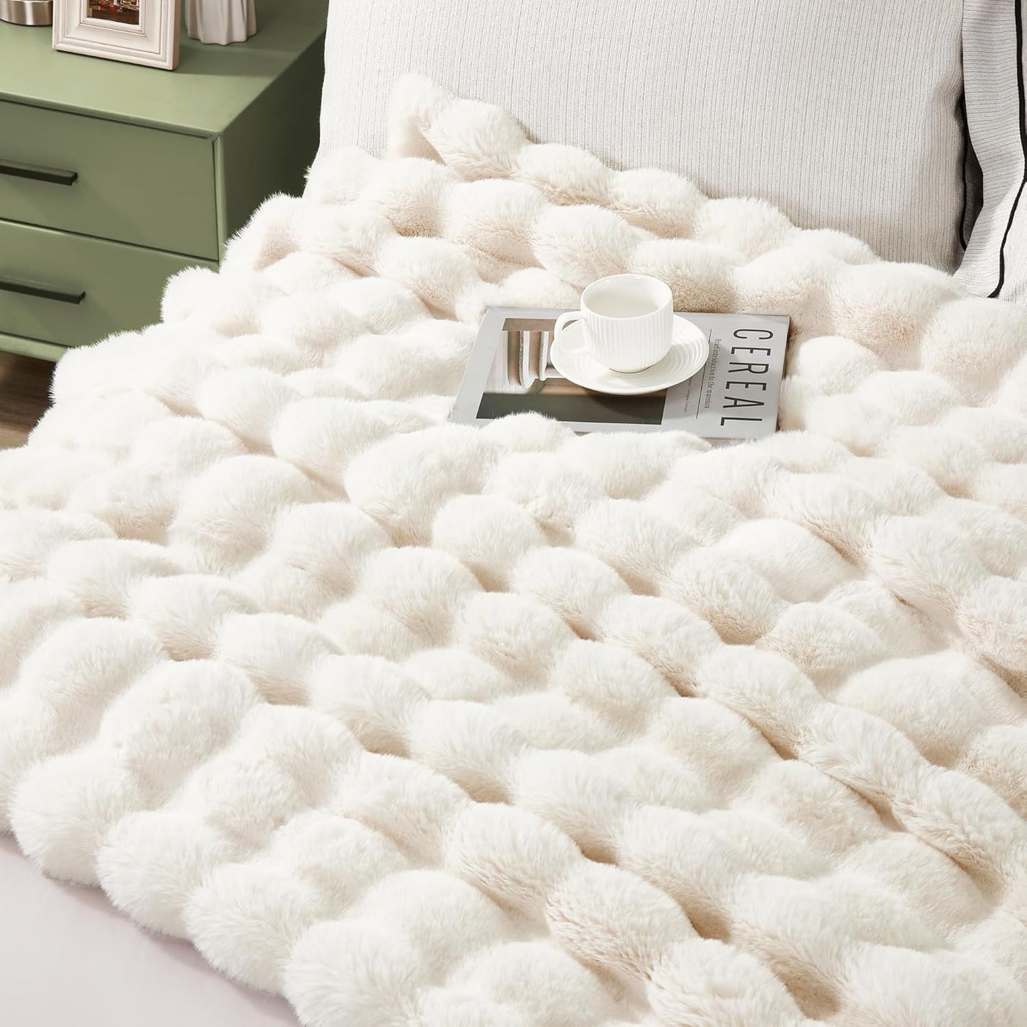 JONIYEAR Soft Fuzzy Bubble Faux Rabbit Fur Throw Blanket for Couch Chair 50" x 60", Reversible Textured Thick Warm Fluffy Blanket for Winter, Luxury Cozy Puffy Shaggy Comfy Furry Blankets, Cream White
