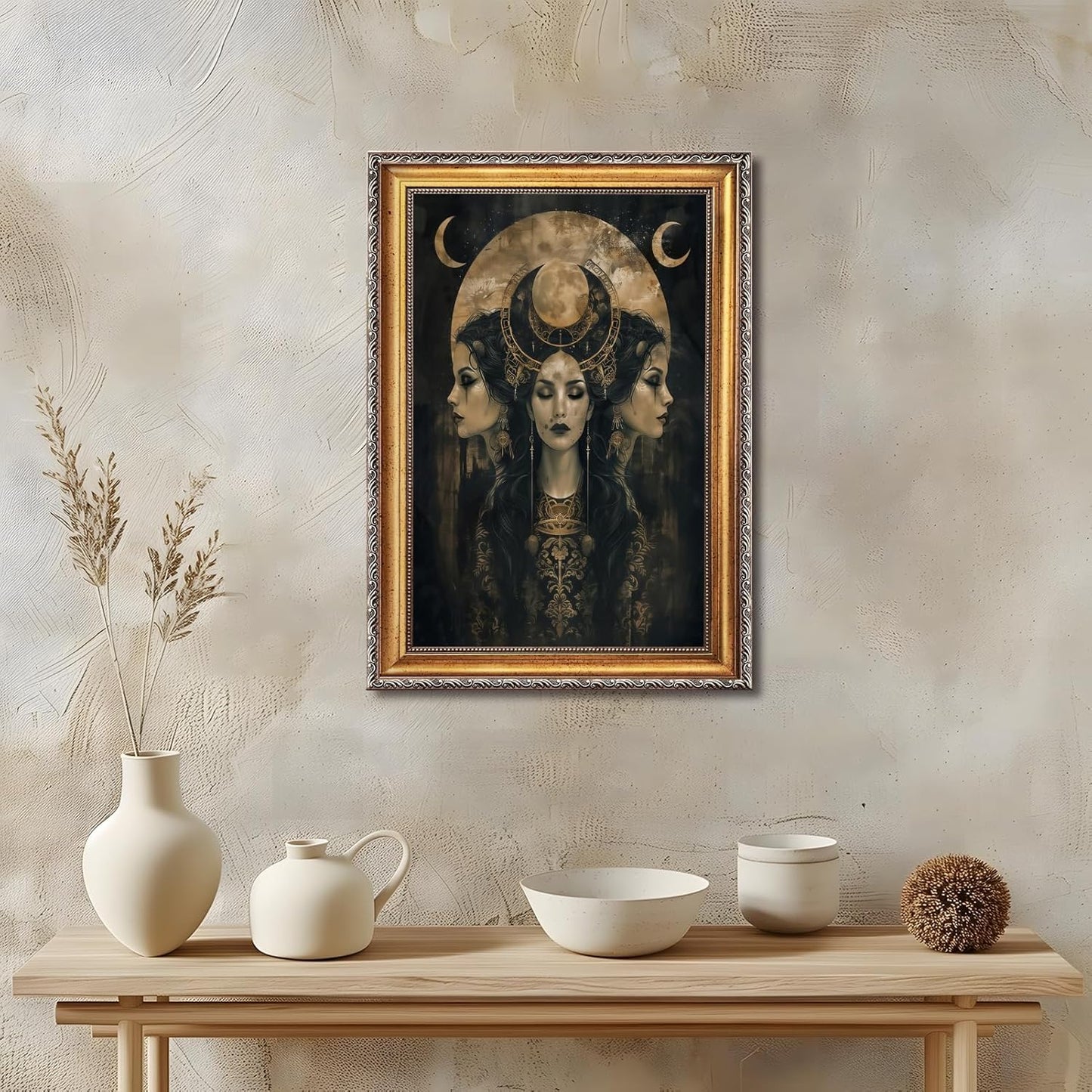 Dark Academia Wall Art Vintage Witch Moon Goddess Hecate Horror Canvas Print Gothic Victorian Mystical Artwork Celestial Pagan Decor Poster for Bedroom Living Room 12x16inch Retro Gold Frame