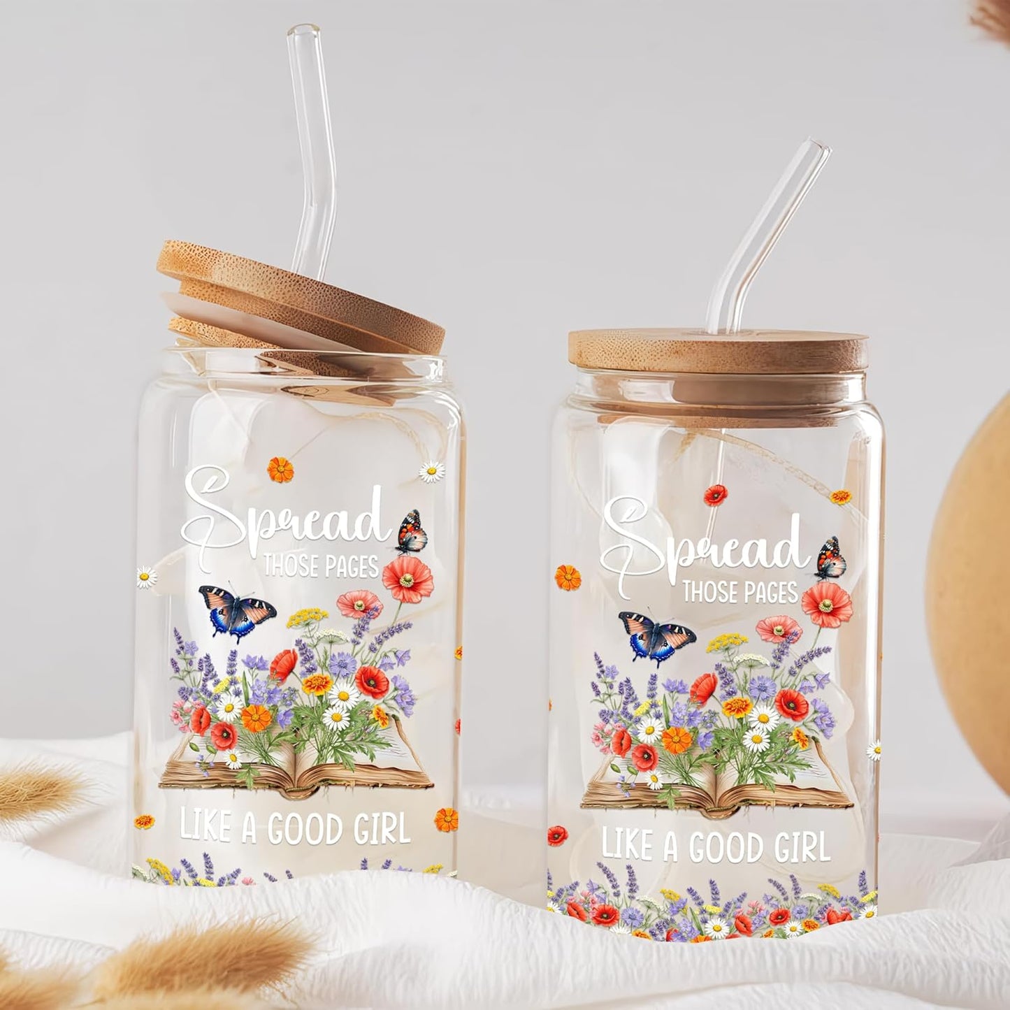 Gifts for Readers Book Lovers Women 16 oz Glass Cups with Lids and Straws Iced Coffee Tumbler Reading Accessories for Bookish Club Bookworms Teacher Librarian Friends Mother's Day Valentines