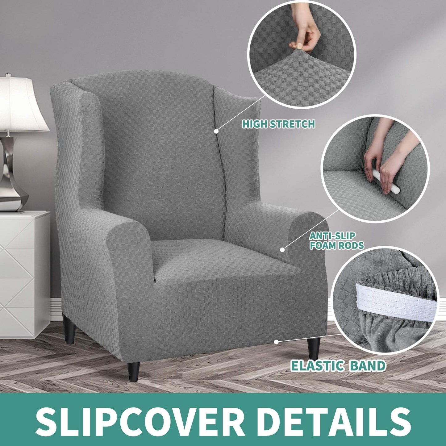 YEMYHOM 1 Piece Stretch Wingback Chair Slipcover Latest Jacquard Design Wing Chair Cover Non Slip Furniture Protector with Foam Rods for Living Room (Wing Chair, Light Gray)
