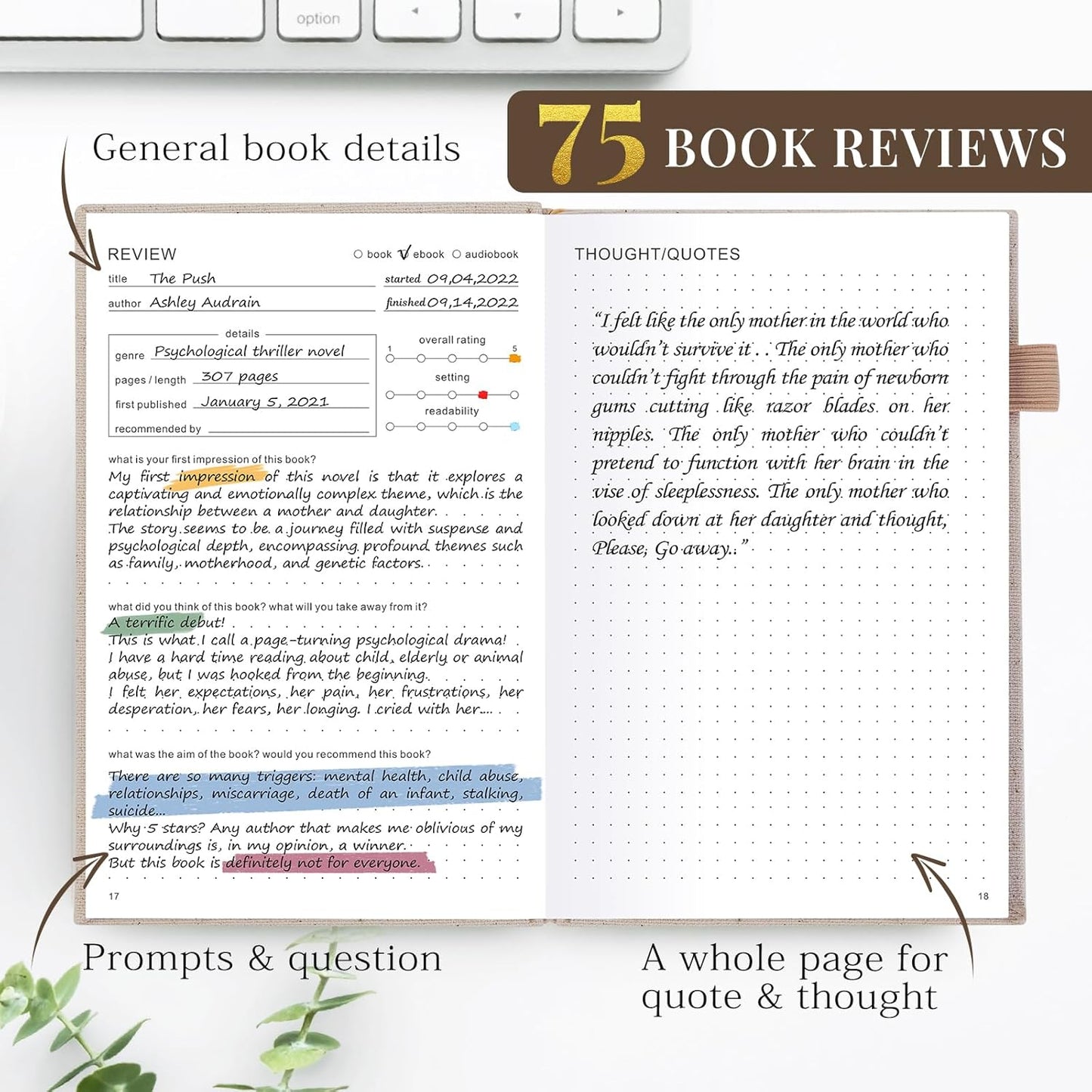JUBTIC Reading Journal - Book Journal Reading Log for Review and Track Your Reading Progress - Gift Book Accessories for Book Lovers and Voracious Readers - 75 Books，A5 Size (Beige)