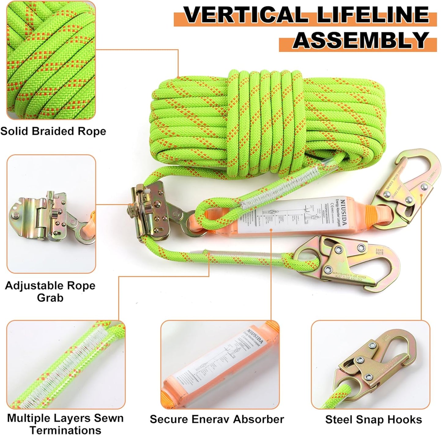Rope Harness Safety Lanyard 50FT Fall Protection Vertical Roofing Rope with Grab Snap Hooks Shock Absorber Safety Ropes Tree Climbing Line Kit Heavy Duty Roof Safety Equipment