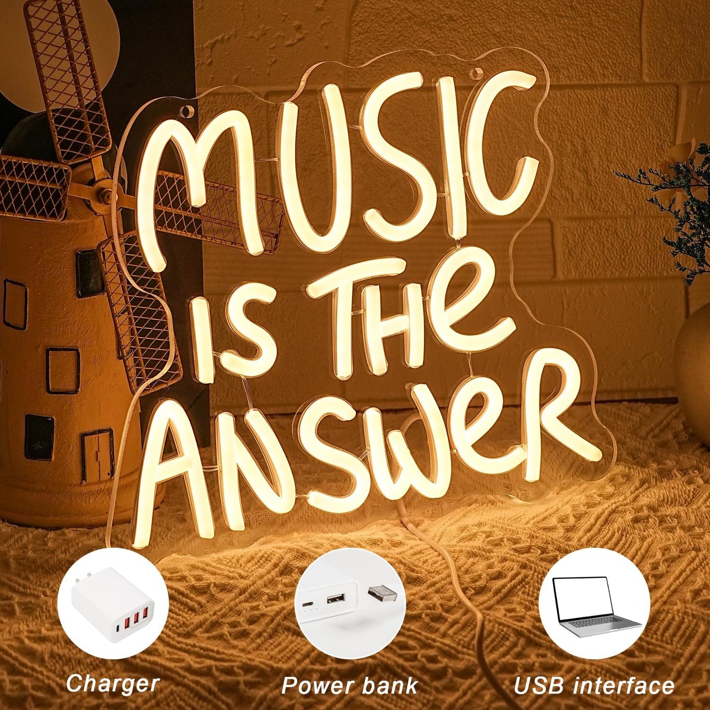 Music Is The Answer Neon Sign for Wall Decor Warm White Letter Neon Light Live Music Neon Light Sign LED Word Light for Studio Concert Bar Bedroom Decoration