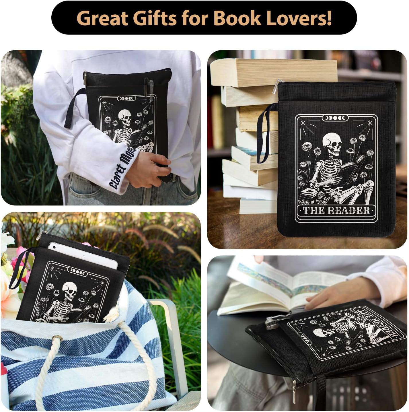 Dark Academia Gifts for Book Lovers - The Reader Skeleton & Floral Book Sleeve | Vintage Waterproof Cover for Poe/Lovecraft Fans (Library Approved)