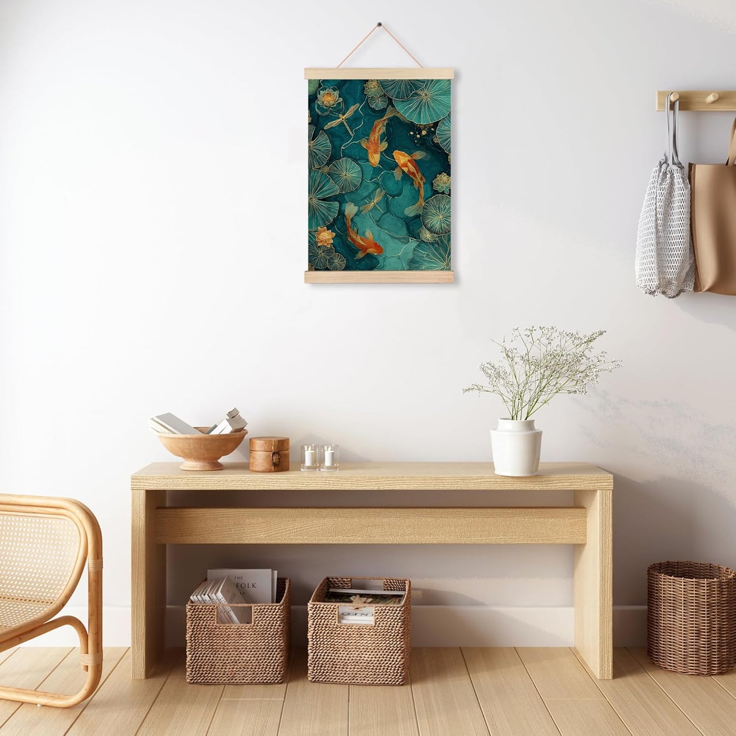 AJIPUX Japanese Koi Fish Zen Wall Art Decor, Traditional Oriental Asian Elegant Emerald Green Pond Koi Fish Wall Hanging Canvas for Office Home Bedroom Meditation Yoga Spa Room Decoration, 12x16 Inch