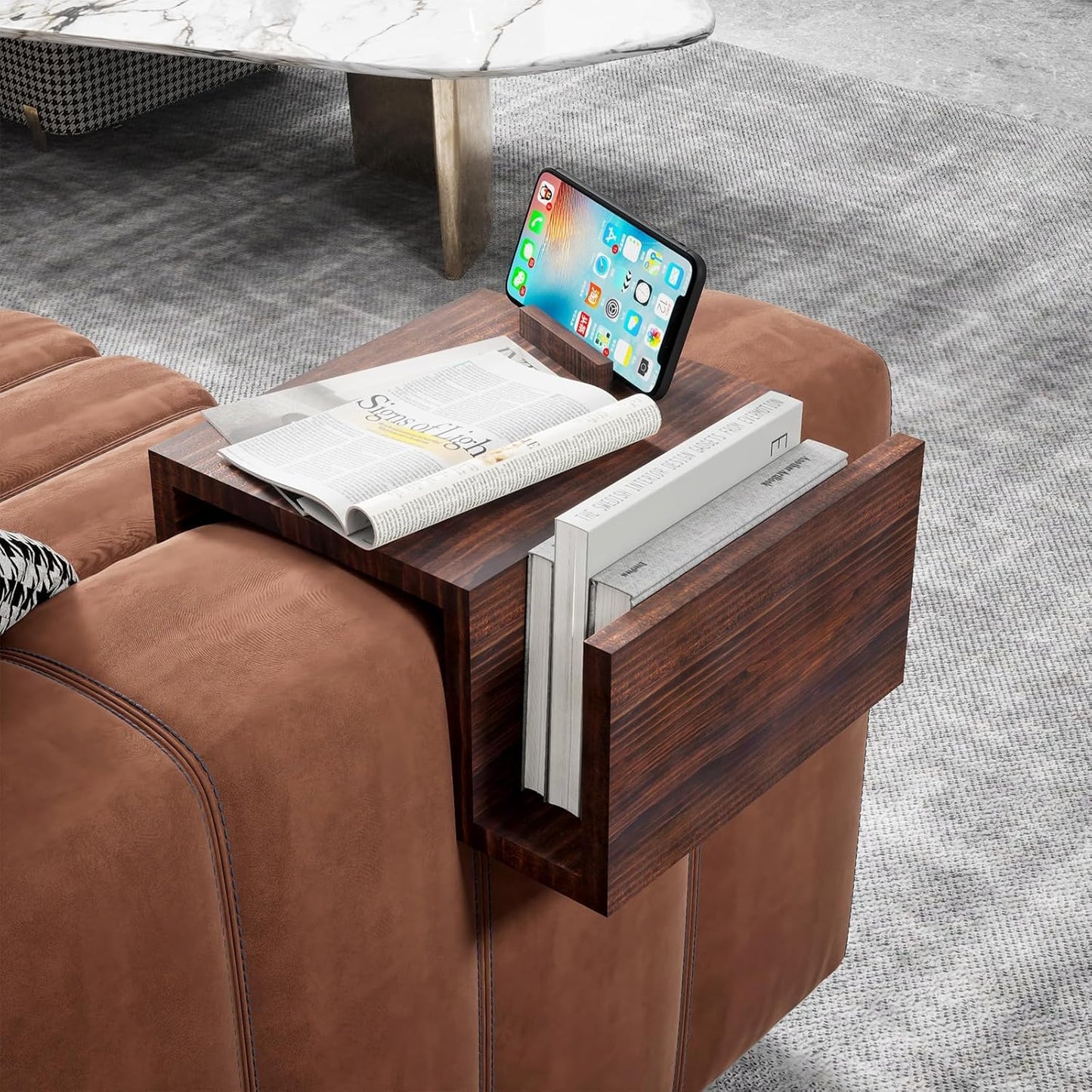Couch Arm Table Tray with 360° Phone Holder Side Storage Pocket 3 in 1 Couch Armrest Table Wooden Clip-On Sofa Arm Tray Table for Living Room TV Dinners Eating Drinks Snacks (Brown)