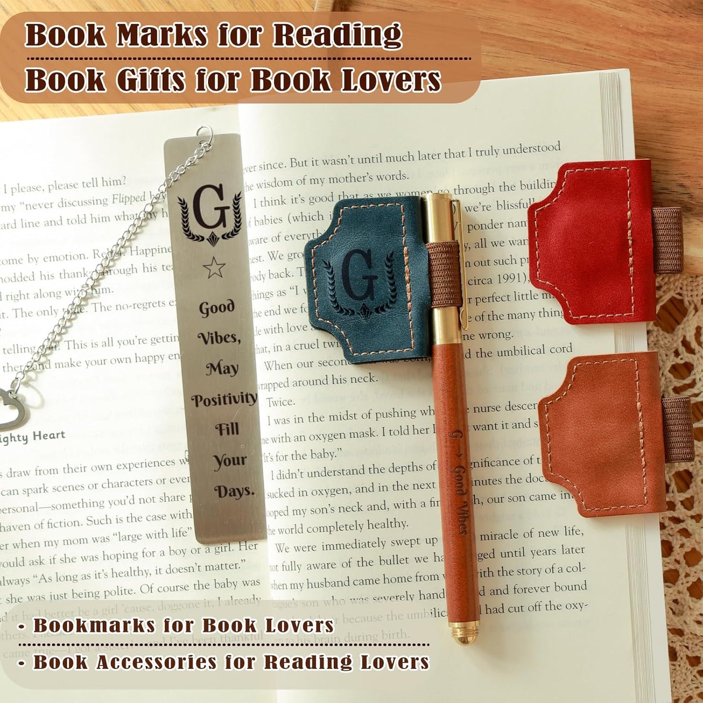 3Pcs Personalized Magnetic Leather Bookmark with Pen Holder Custom Bookmarks Gift Set Include Metal Book Marks & Wooden Pen, Customized Book Markers Gift for Book Lover Readers Women & Men (Brown,J)