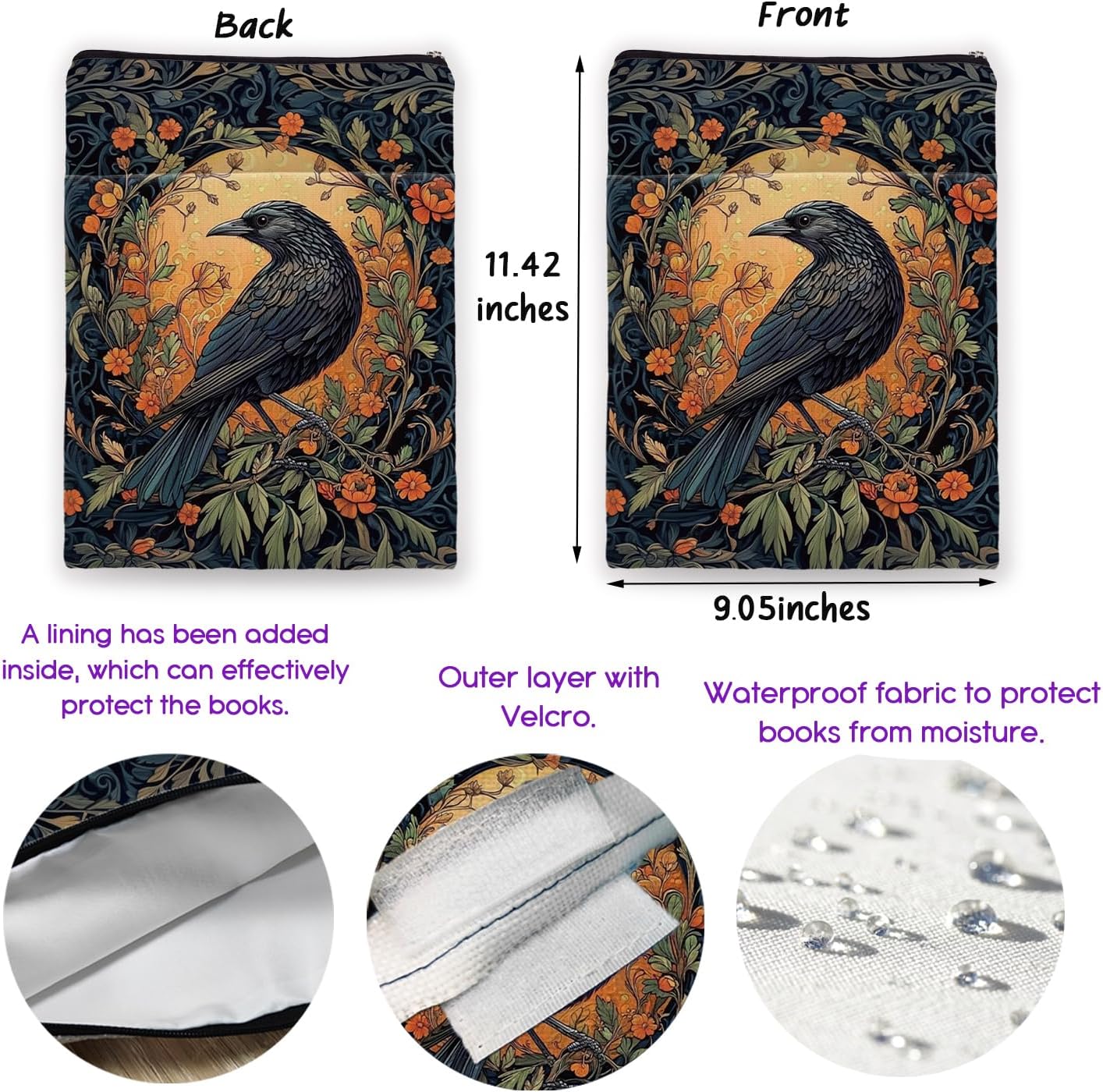 Vintage Flower&Raven William Morris Book Sleeve for Book Lovers, Bookish Book Protector with Zipper, Washable Fabric Book Cover for Paperbacks & Hardcovers,11.4 x 9.1Inches (Black-Raven, Medium)