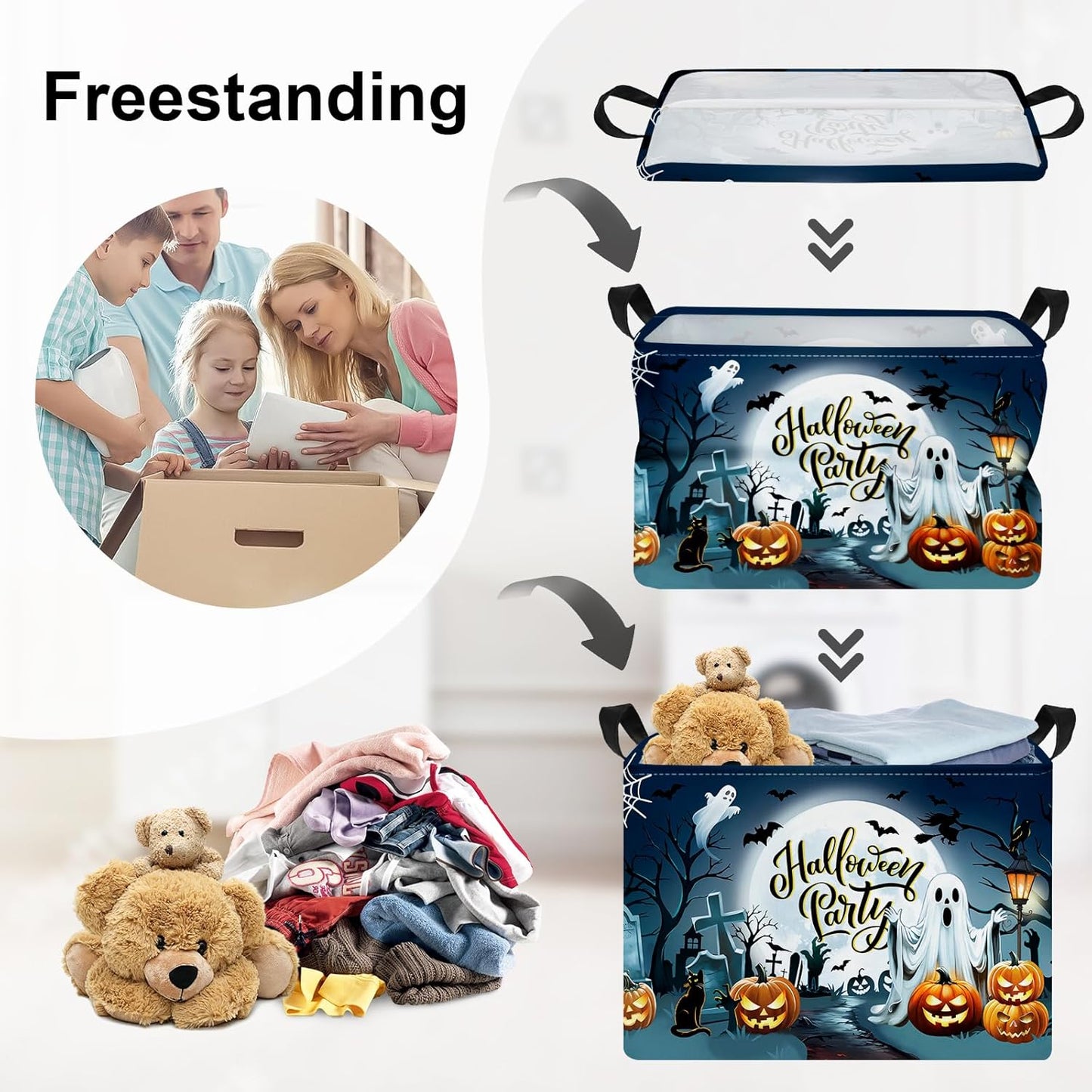 Halloween Baby Storage Basket Ghost Bat Pumpkin Collapsible Clothes Kids Laundry Hamper Large Boys Girls Gift Toy Box Bin for Nursery Room,Graveyard,40*30*30 cm