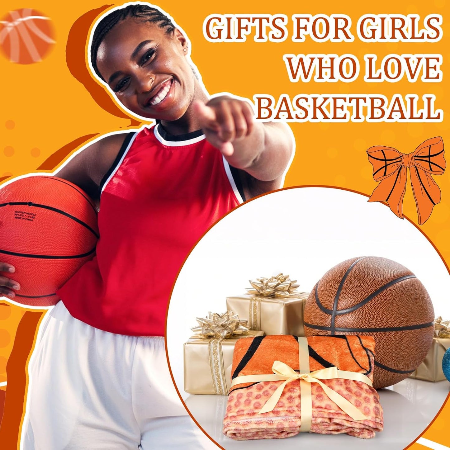 Basketball Bow Blanket for Gifts Girls Sport Lover 50" x 60" Coquette Basketball Throw Blanket Orange Bow Flannel Soft Warm for Fans Team Ball Lover Player Game