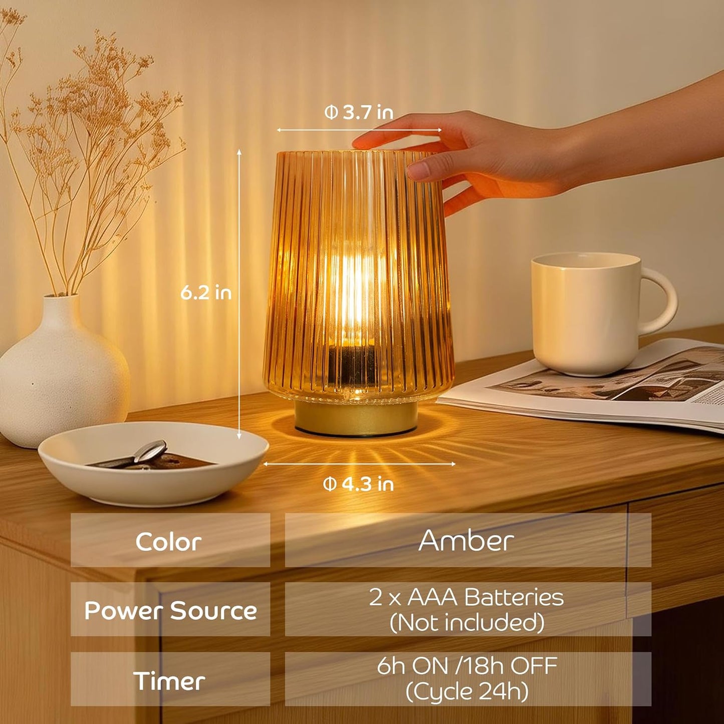 Battery Operated Lamp with Timer, Set of 2 Small Cozy Table Lamp Decorative Ambient Glass Lamp for Bedside & Home Decor, Aesthetic Cordless Battery Powered Accent Lamp for Living Room Shelf, Amber