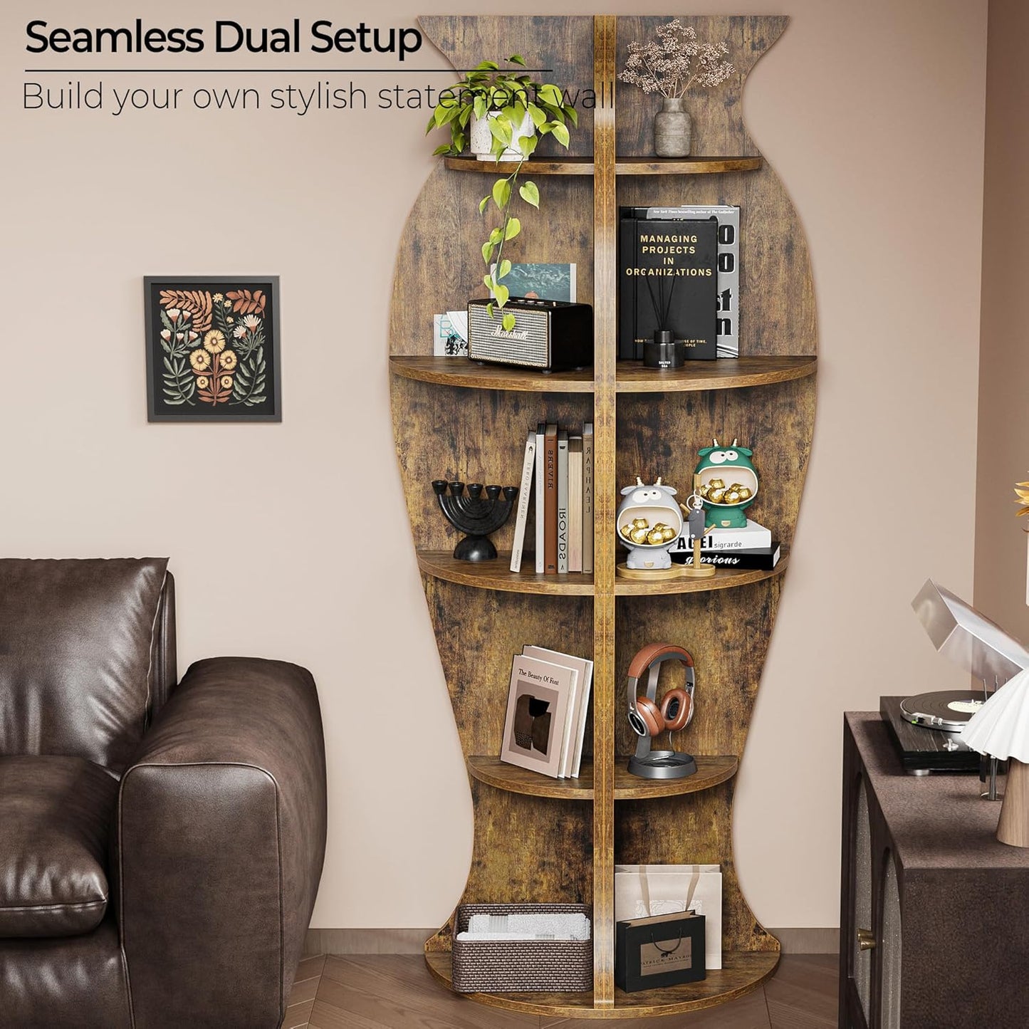 Small Corner Shelf, 5-Tier Vase-Shaped Bookshelf Organizer for Living Room Decor, Bedroom, and Office, Modern Freestanding Corner Bookcase for Storage and Display, Vases Home Decor Accent