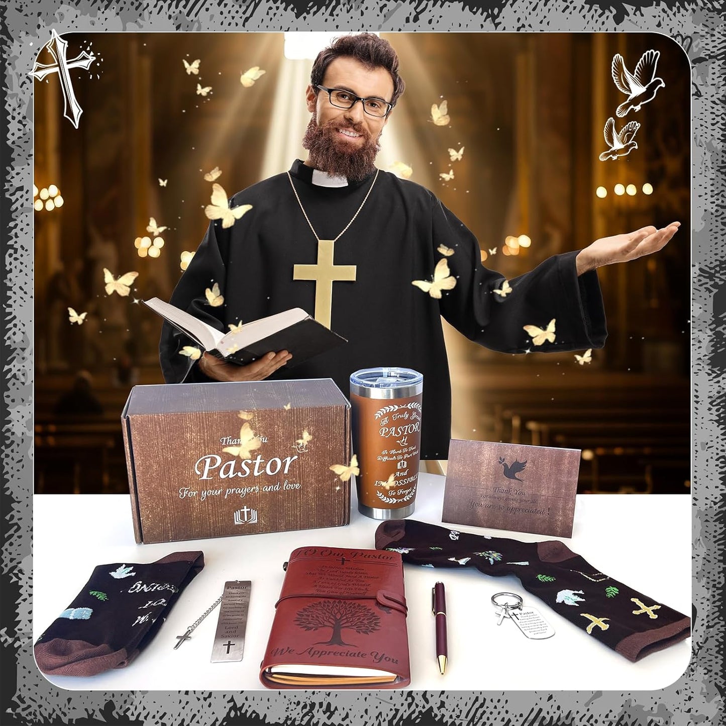 8 Pcs Pastor Appreciation Gifts Set Includes 20 oz Stainless Steel Cup Socks Bookmarks Keychains Notebook Pen Thank You Card for Gift Boxes for Pastor Day Christmas Church Clergy Birthday Gifts