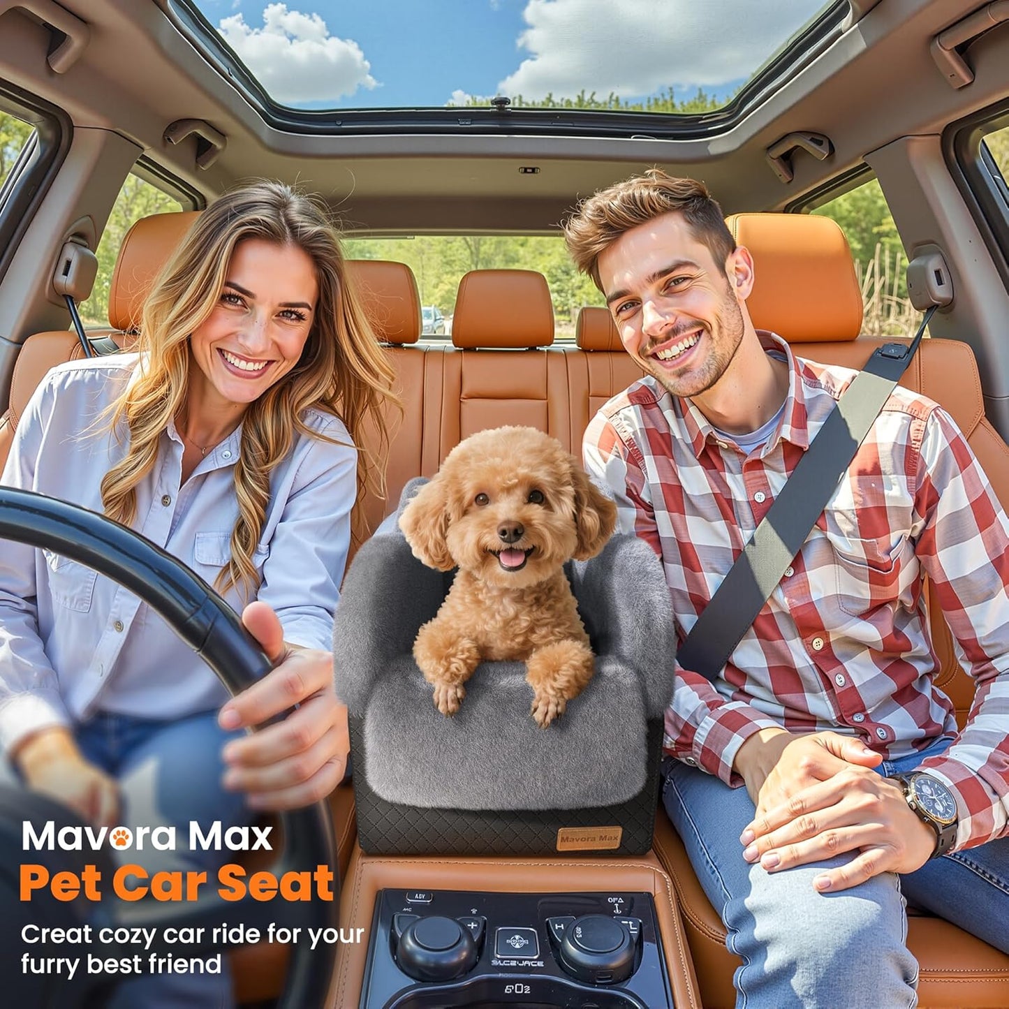 Portable Small Dog Seat for Car, Luxury Center Console Dog Car Seat Booster with Safety Tethers, Anti-Collapse Pet Travel Carseat for SUV, Truck (Black/Grey)