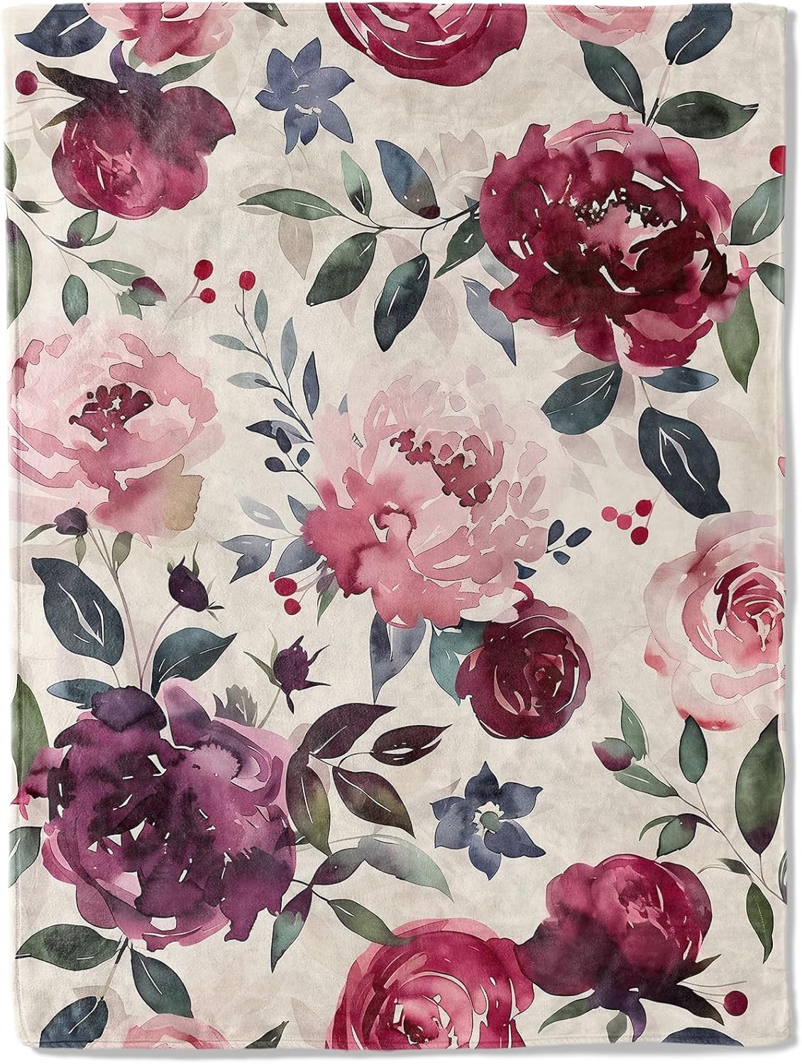 Vintage Floral Flannel Blanket - Romantic with Blush and Burgundy Rose on Cream Throw - Soft Cozy Gifts Blankets for Women & Flower Lovers,Modern Classic Decor,Home Room Accent 50x60in