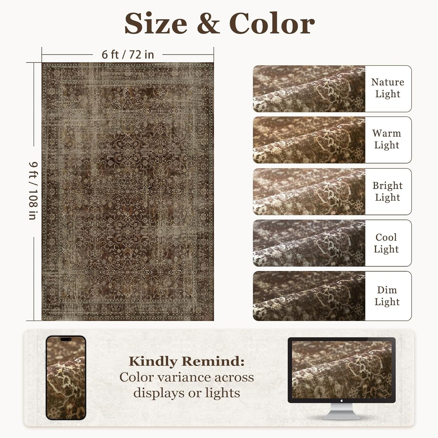 Distressed Coffee Brown Living Room Rugs 6x9, Washable Non Slip Thin Carpet Rugs for Dining Room Under Table, Vintage Earth Tone Area Rugs for Bedroom Home Office Reading Nook