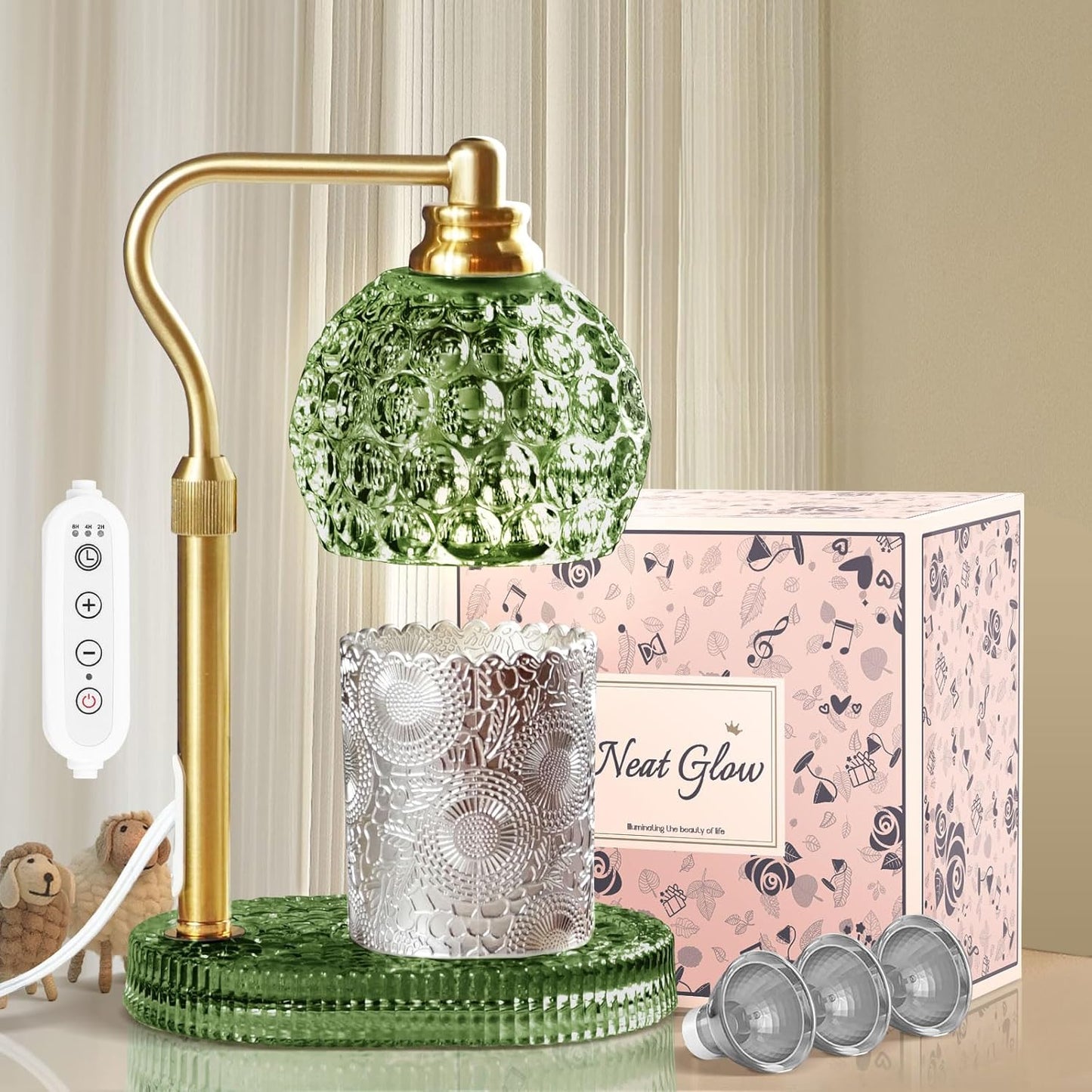 Candle Warmer Lamp with Timer & Dimmer, Glass Lamp Candle Warmer for Jar Candles, UPGRATED with 3 Bulbs, Height Adjustable Electric Wax Warmer for Elegant Home Decor (Sage)