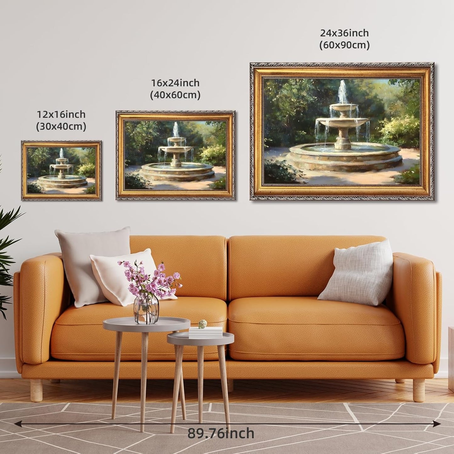Large Gold Framed Classic Garden Fountain Canvas Poster Vintage Impressionist Landscape Wall Art Retro European Courtyard Outdoor Scenery Painting Prints Artwork for Bedroom Home Decor 24x36inch
