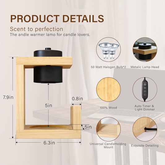 Candle Warmer Lamp, with 2 Bulbs,Timer & Dimmer,Simple Natural Wood,Compatible Up to 4.5 inch Candles,for Home Scented and Décor，110-120V (Wood)