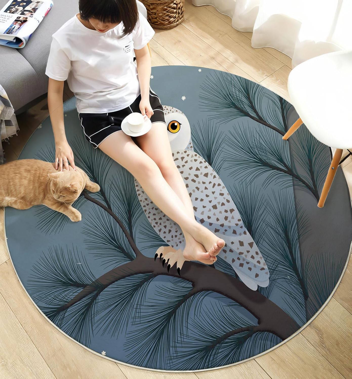 Washable Cartoon Snowy Owl Tree Branch Area Rug, 2Ft Round Rugs for Living Room Soft Carpet for Bedroom Natural Animals Indoor Stain Resistant Non-Shedding Floor Carpet, Blue Gray, 2Ft-Round