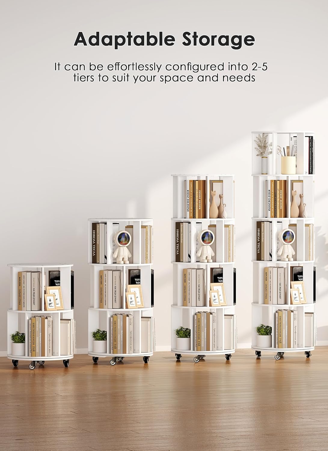 5 Tier 360° Rotating Bookshelf, Adjustable Small Space Bookcase on Wheels, Revolving Round Wood Bookshelves, Tall Narrow Storage Book Shelf Tower for Bedroom Office Kids Room (White)