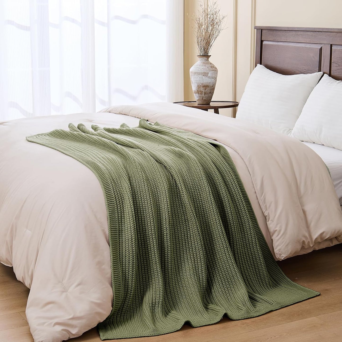 Chunky Knit Olive Green Throw Blanket 60"x80",Soft Cozy Thick Knitted Blanket for Couch Sofa Bed, Cute Decorative Throw for Living Room