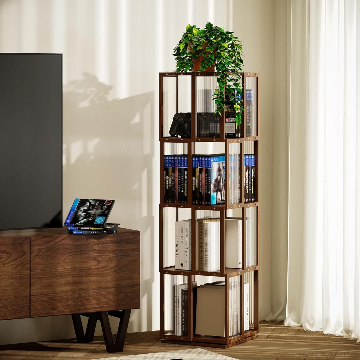 BAMEOS Rotating Bookshelf Tower 4 Tier, 360 Spinning Bookcase with Solid Wood Frame & Bamboo Finish, 4-Component Easy Assembly Corner Book Shelf for Small Spaces, Office, Bedroom, Living Room