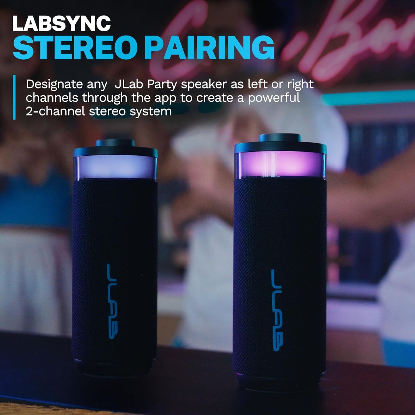 JLab Go Party Portable Bluetooth Speaker, Midnight Black, 10 Watts of Power, 16+ Hours of Playtime, IP56 Waterproofing, Customizable RGB LED Lighting, Lab Sync Up to 100 Speakers, Custom Sound in-App
