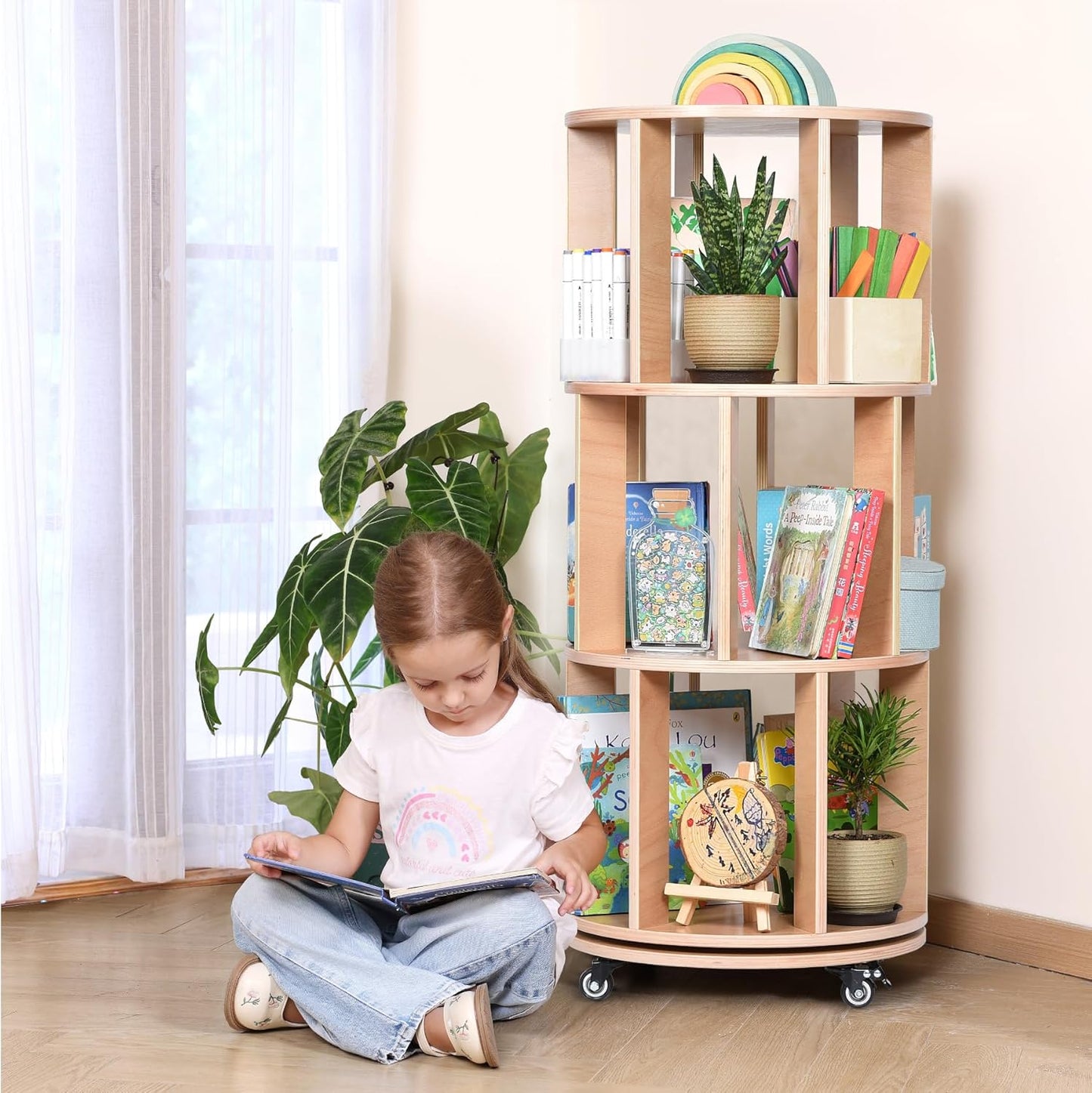 3-Tier Kids Rotating Bookshelf Tower with Lockable Wheels, 360 Display Montessori Storage Rack for Small Spaces, Kids Rooms, and Home Offices
