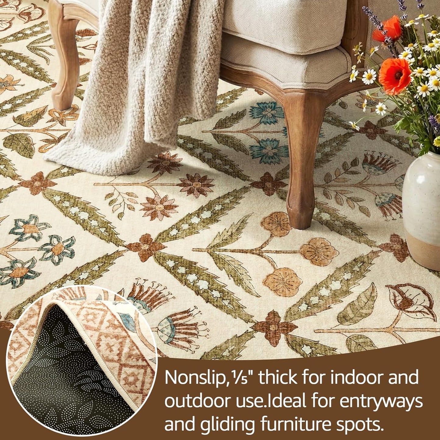 jinchan Haden Round Rug 5ft Vintage Floral Washable Rug for Entryway Kids Room Soft Non-Slip Low Pile Circle Carpet Nursery Living Room Reading Nook Cottage Indoor Decor Terracotta