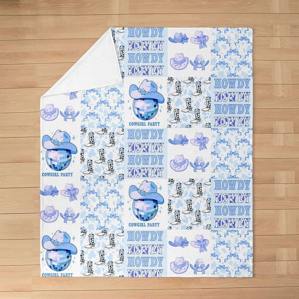 Cowgirl Boots Kids Flannel Blanket,Bow-tie Bowknot Cowboy Hats Disco Ball Bed Blanket for Girls Women,Cow Fur Print Geometric Plaids Fleece Blanket,Blue Fuzzy Blanket,Throw Size (50 x 60 Inches)