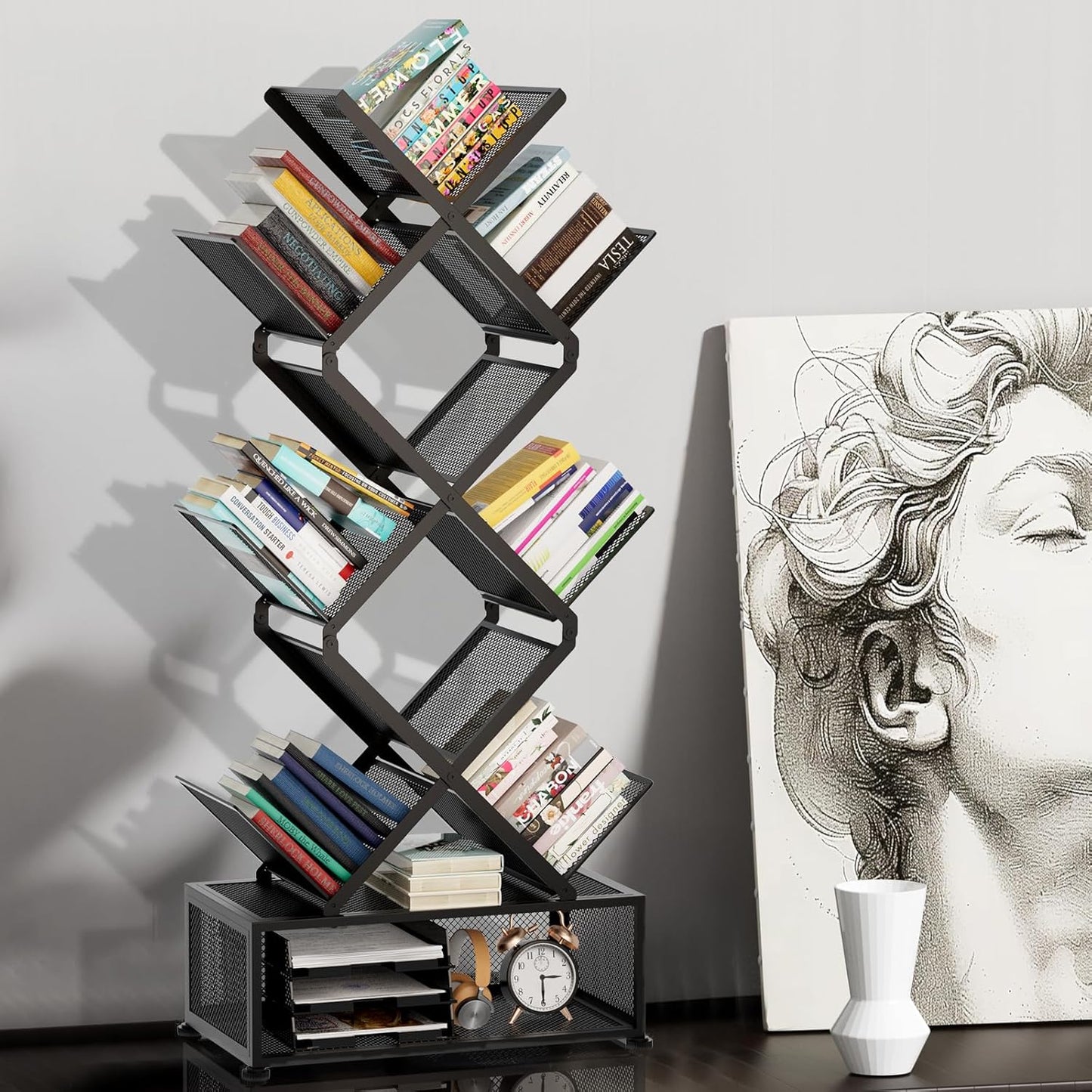 Gintan 9-Tier Space Saving Book Shelf with Storage,Bedroom Shelves Folding Bookshelves,No Installation Required Shelf Tree Metal Bookshelf for Living Room,Study,Home Office,Bed Room (Black)