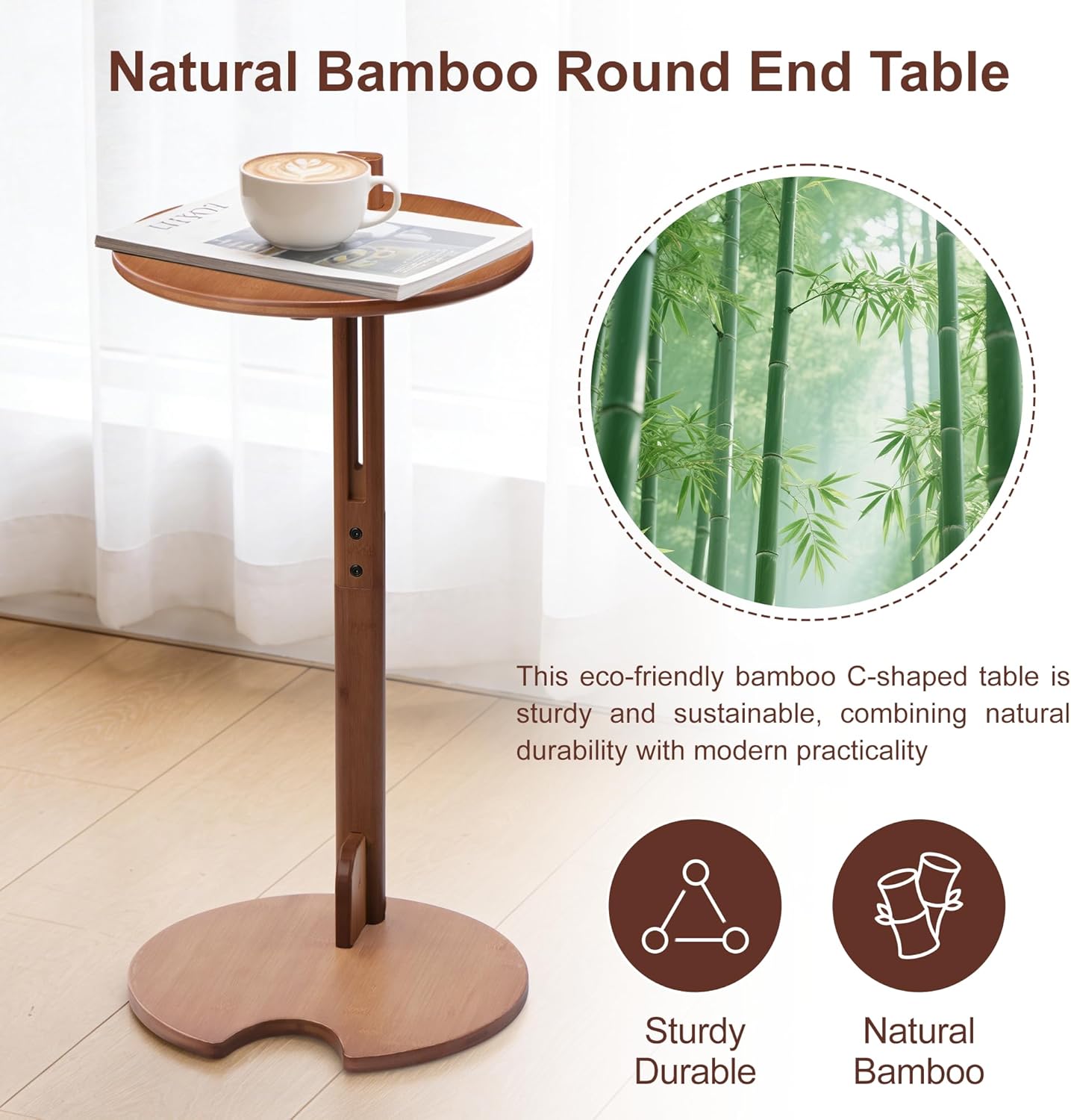 Bamboo C Shaped TV Tray Table, 18-26" Height Adjustable Round Side Table, Slide Under Couch End Table Laptop Desk for Small Spaces Living Room Bedroom (Walnut)