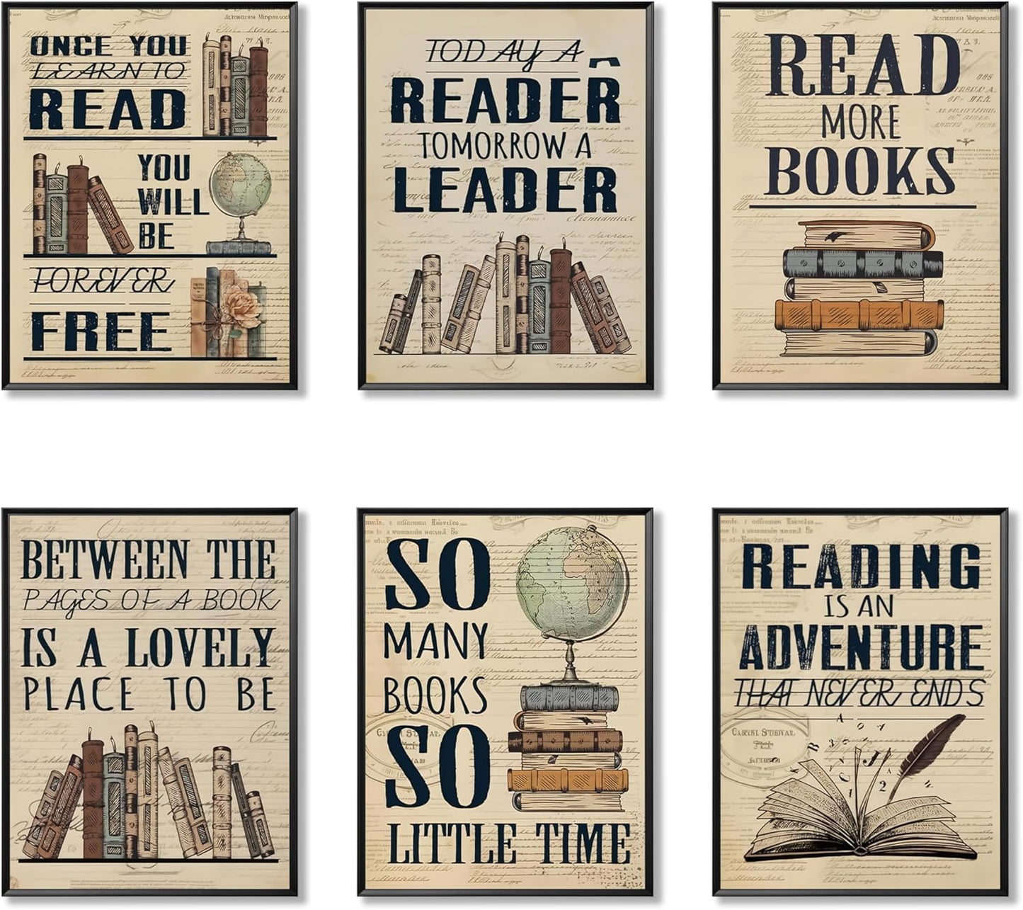 6 Piece Vintage Reading Quote Wall Art Prints, Retro Book Lover Canvas Posters with Inspirational Library Quotes, Rustic Literary Artwork for Classroom Study Office Living Room Home Decor 8x10 inch Unframed