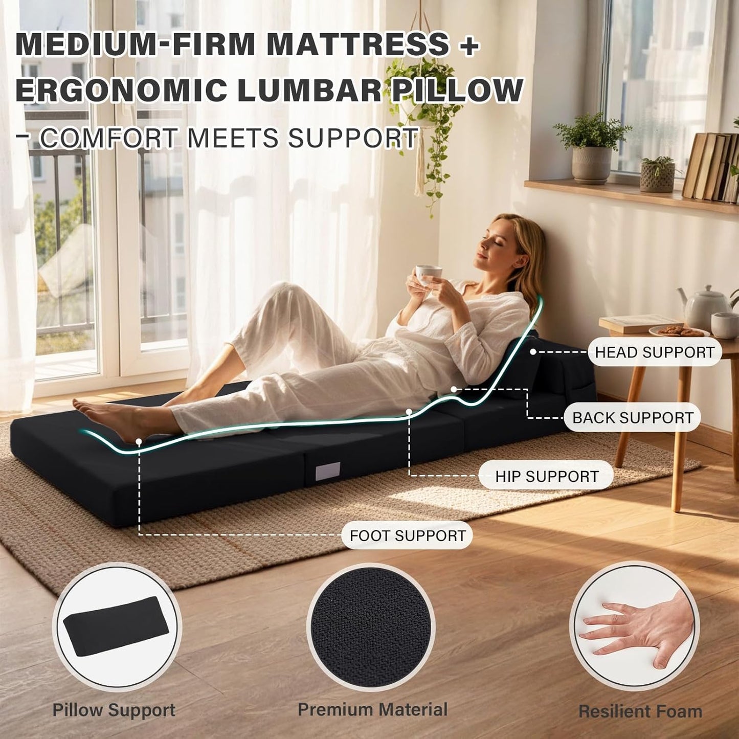 Tiita Folding Sofa Bed-Convertible Sleeper Chair with Storage Bag, Tri Foldable Mattress with Pillow, Portable Fold Out Chair Bed Floor Sofa for Living Room/Dorm/Guest Use/Travel, Single Size, Black