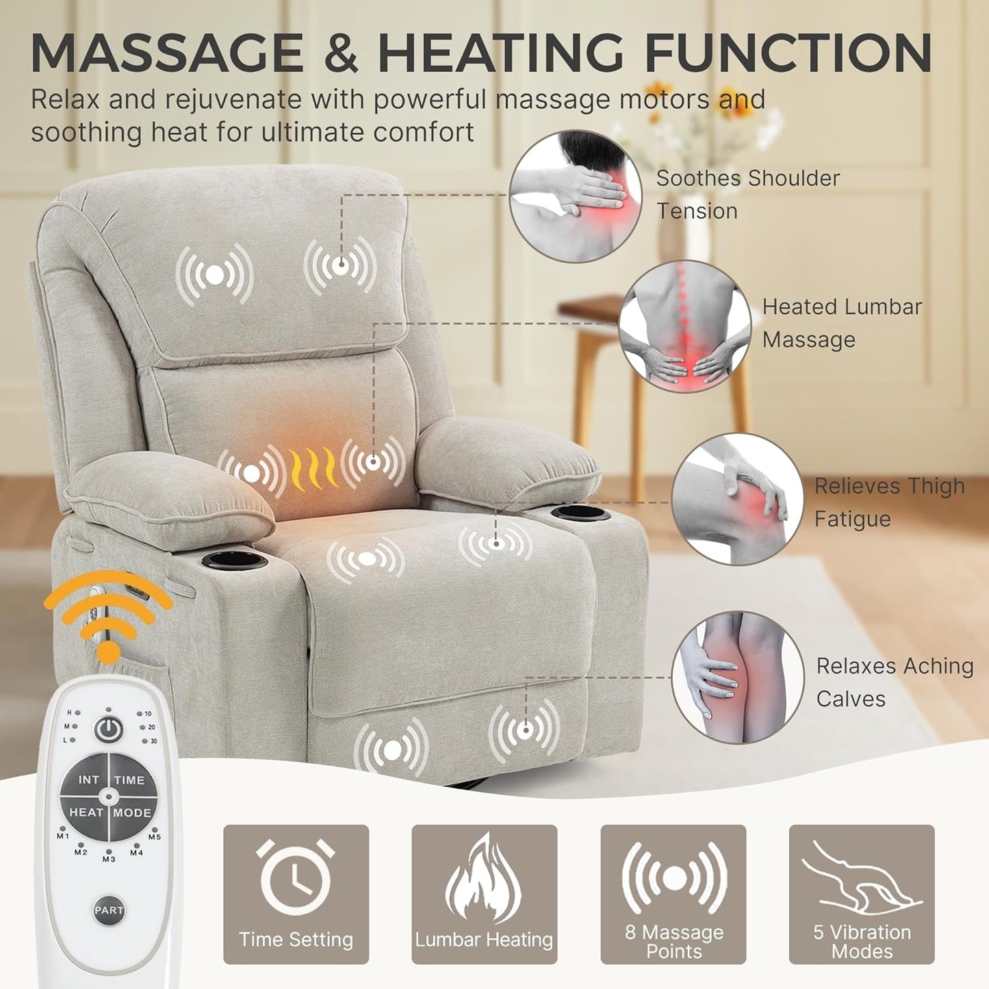 Power Control Reclining Rocking Chair and Glider Massage Swivel Living Room Furniture for Small Spaces Bedroom Lounge Sofa Chairs for Home Theater